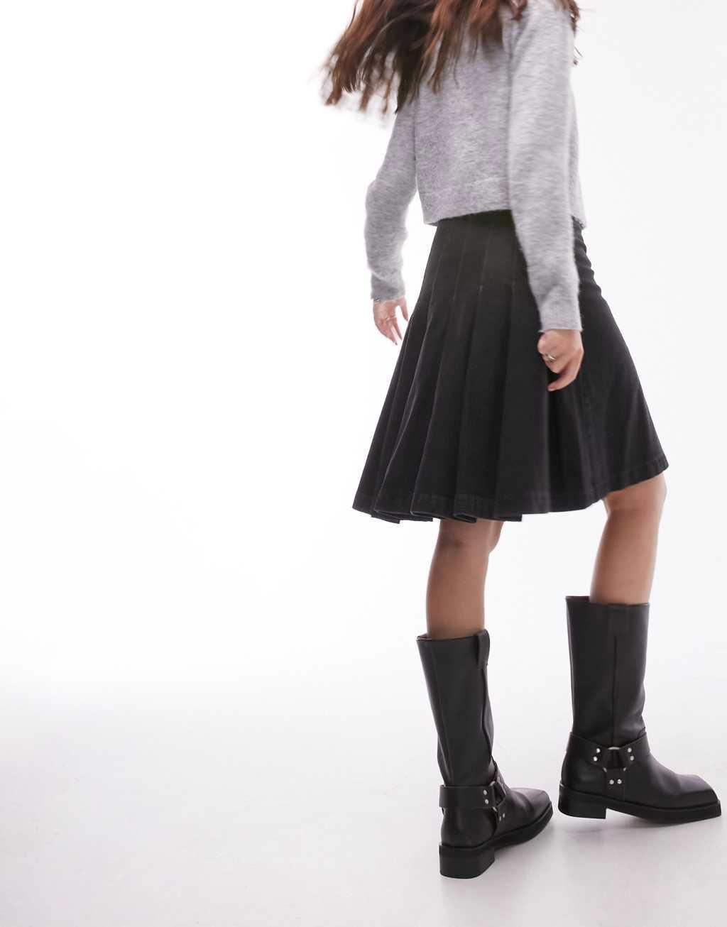 Topshop denim knee length pleat skirt Product Image