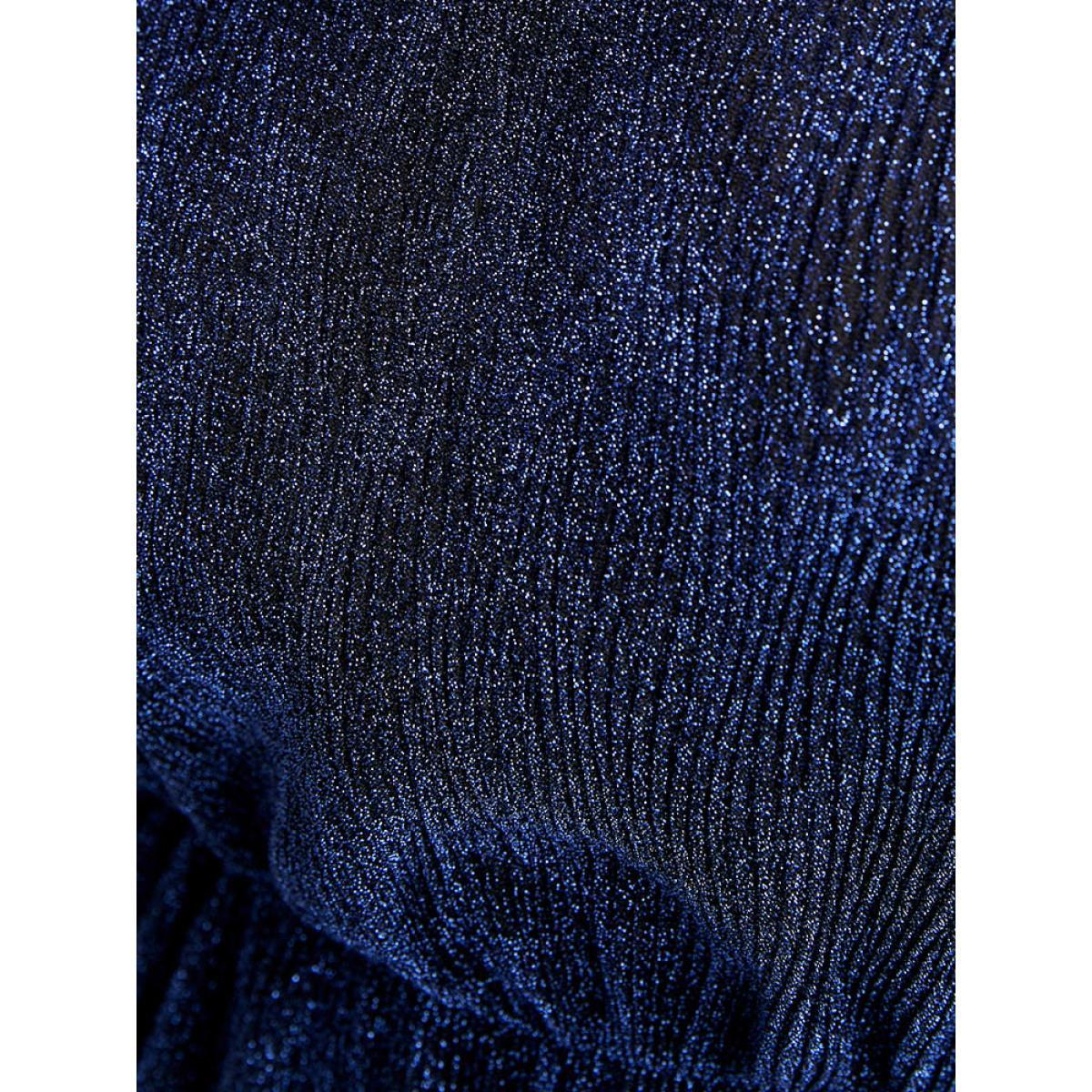 Plus Size Solid Lantern Sleeve Sequin Split Hem Dress DarkBlue Women Party Elastic Waist V-neck Long Sleeve Curvy Midi Dress BloomChic 18-20/2X Product Image