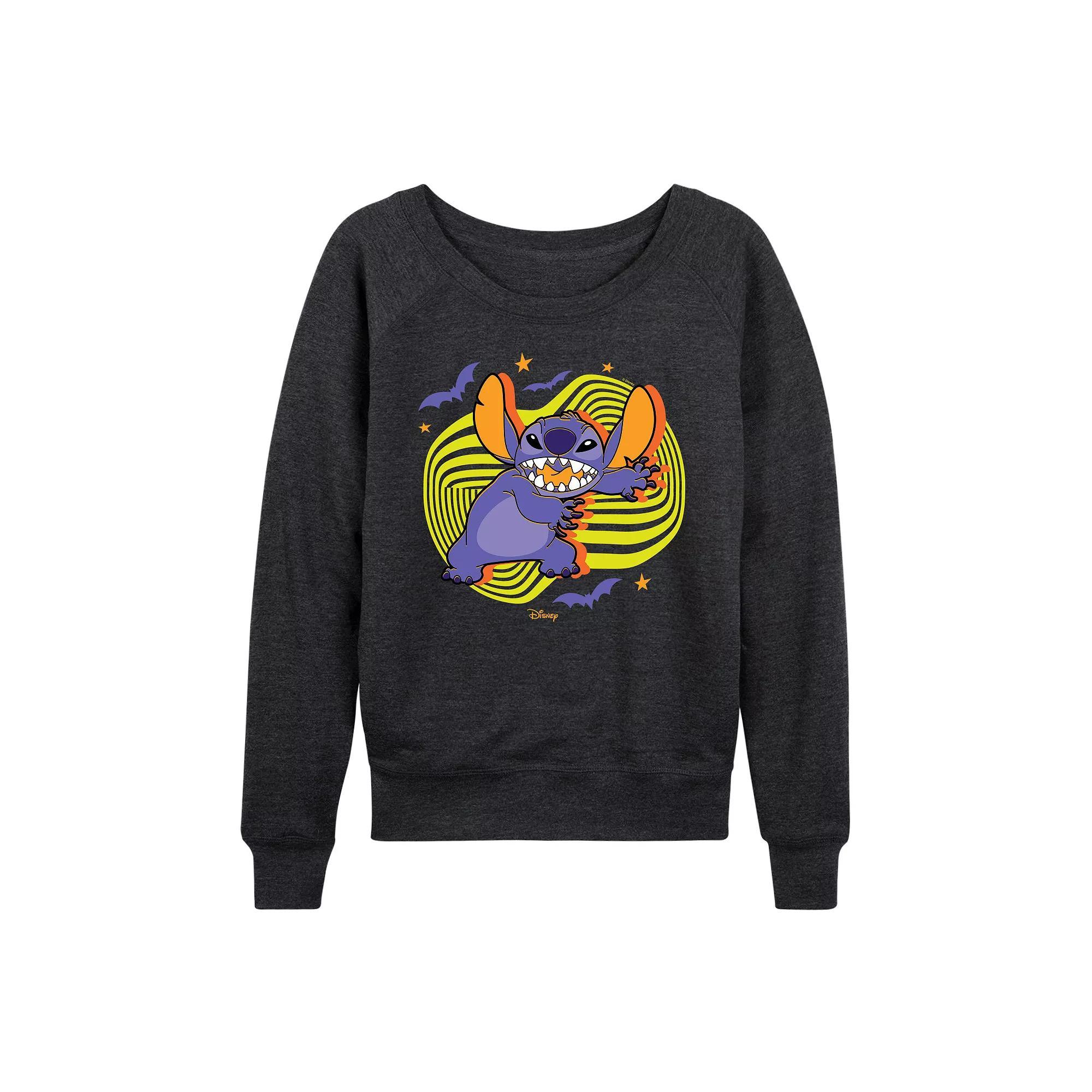 Disneys Lilo & Stitch Womens Bats & Stars Halloween French Terry Long Sleeve Tee Heather Grey Product Image