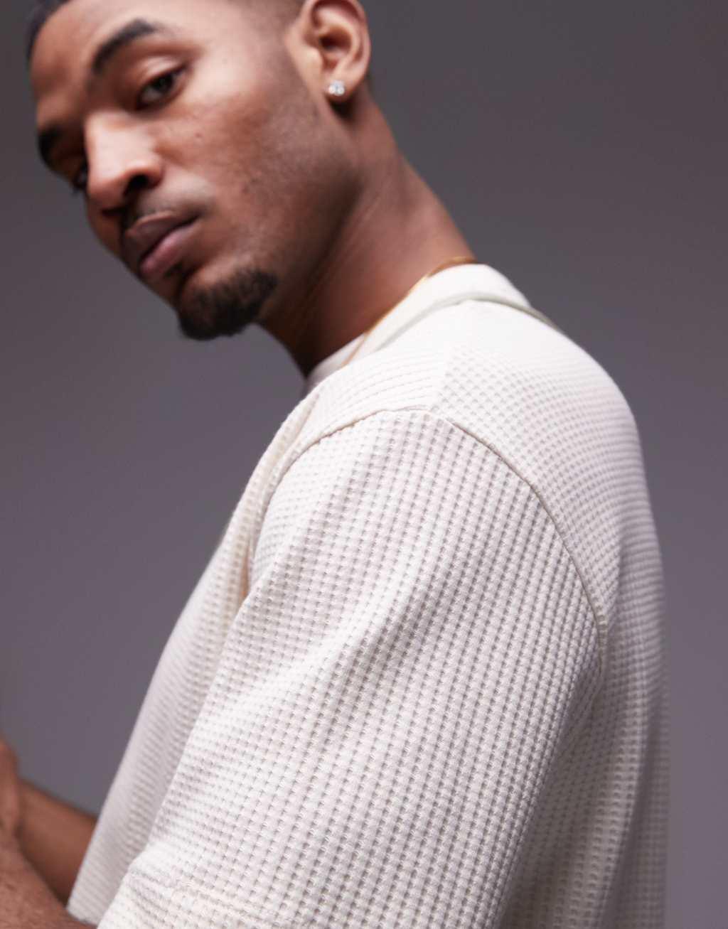 Topman oversized fit waffle T-shirt in ecru Product Image