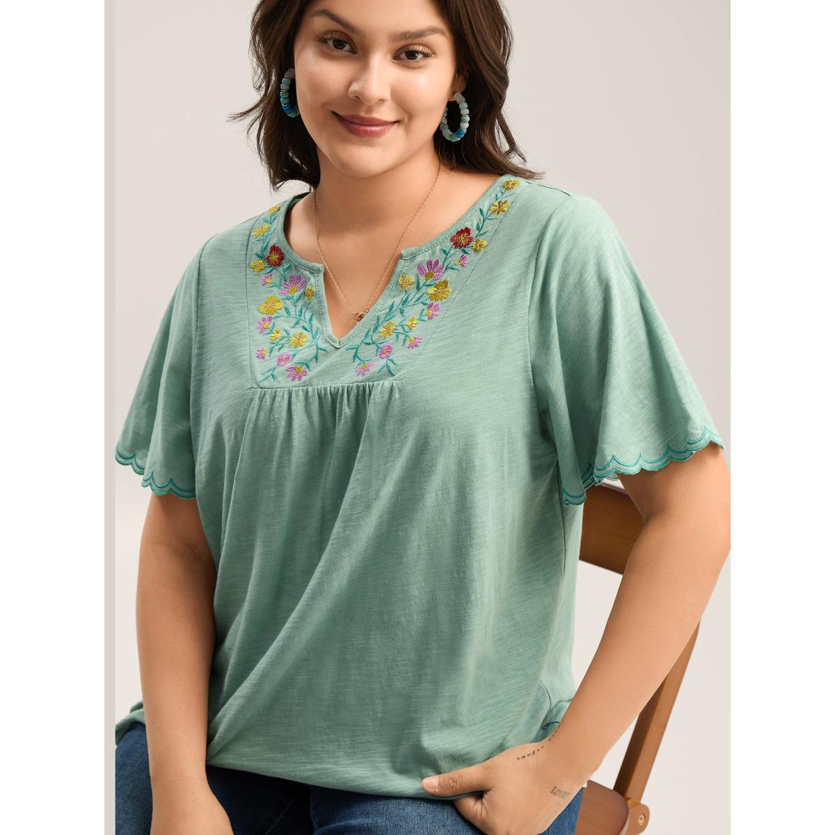 Plus Size Pure Cotton Embroidered Pleated T-Shirt Greenbean Women Gathered Flat collar with V-notch Vacation T-shirts BloomChic 28/5X Product Image