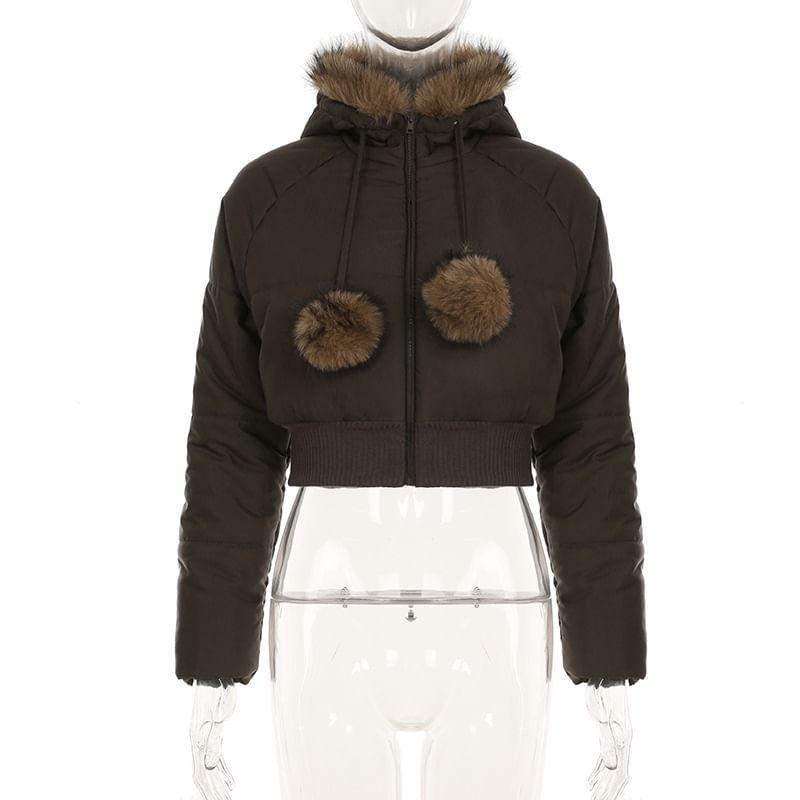 Fluffy Hooded Plain Zip Up Cropped Puffer Jacket Product Image