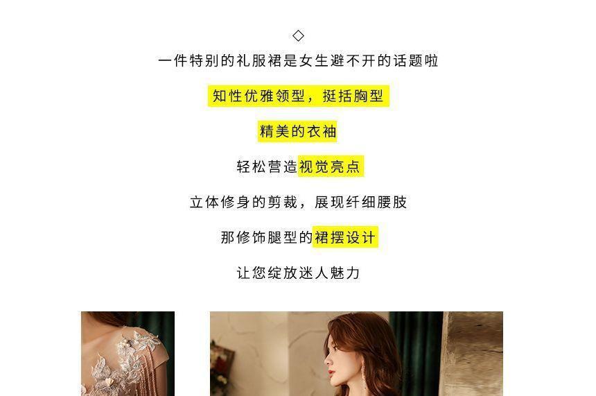 Short-Sleeve V-Neck Lace A-Line Evening Gown Product Image
