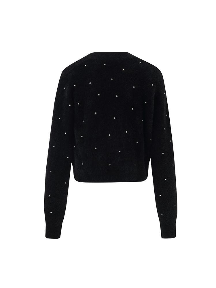 Black V-Neck Rhinestone Knitted Women Cardigan Product Image