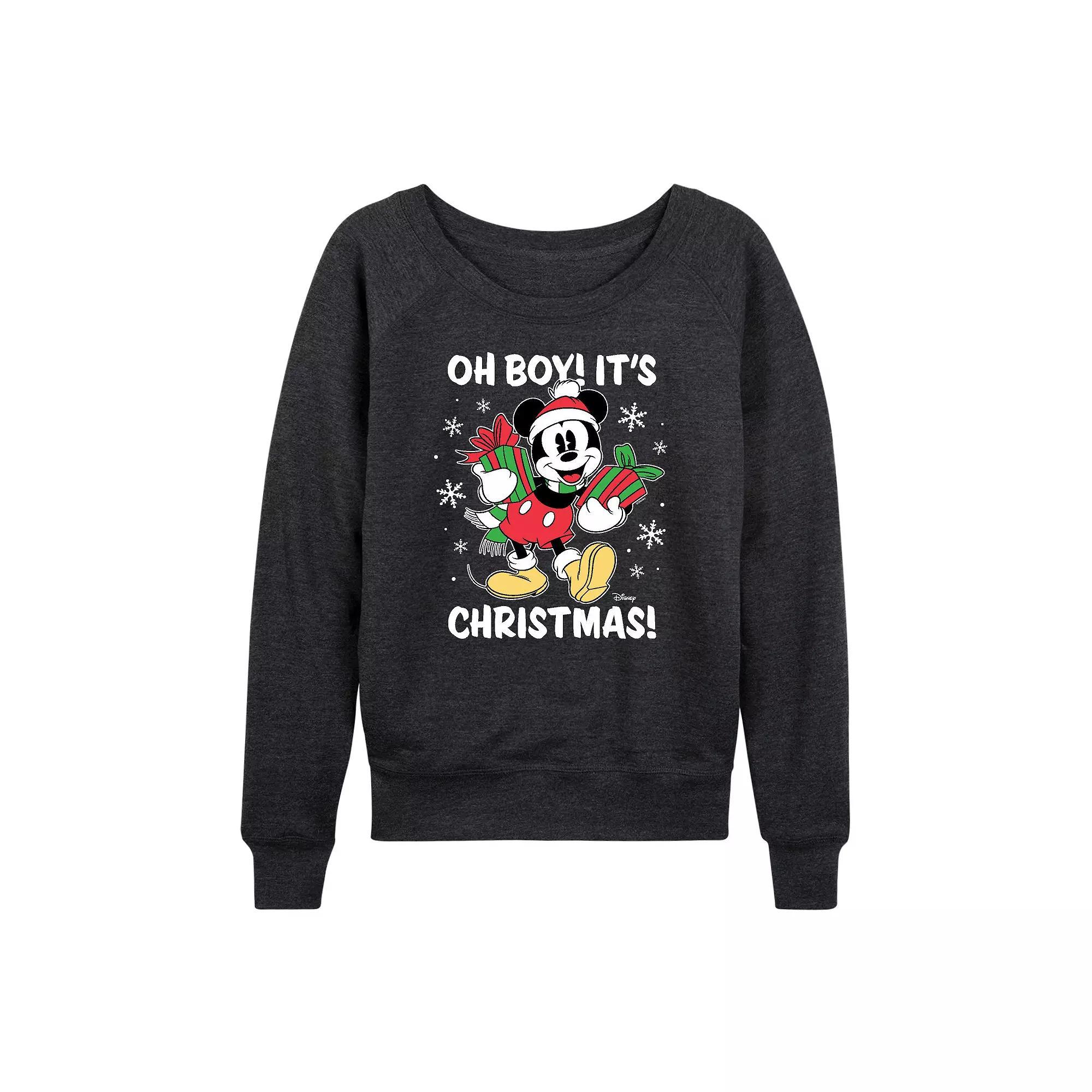 Disney's Mickey Mouse Women's Oh Boy It's Christmas French Terry Long Sleeve Tee, Size: Medium, Heather Grey Product Image