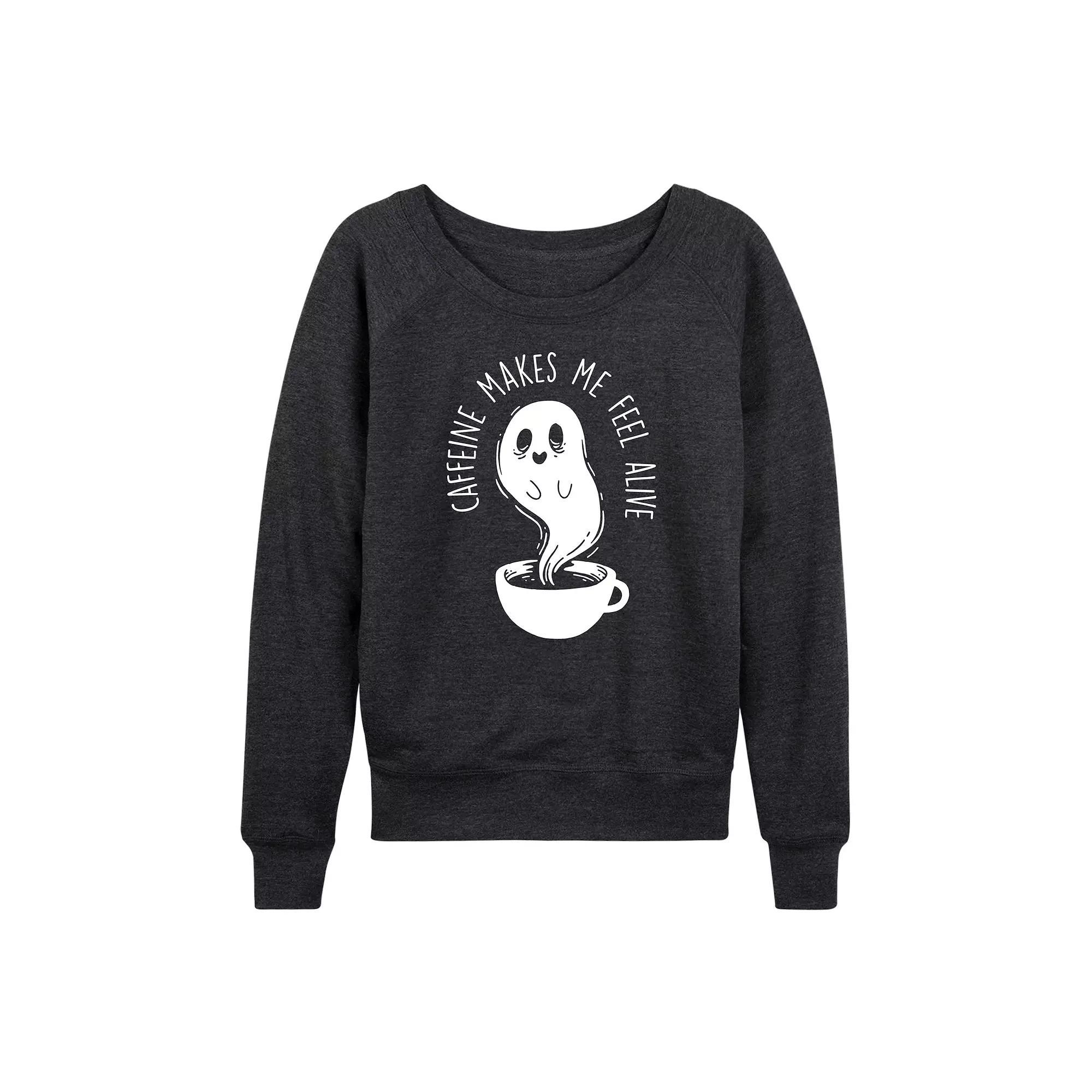Womens Caffeine Makes Me Feel Alive Ghost French Terry Long Sleeve Tee Grey Dark Red Product Image