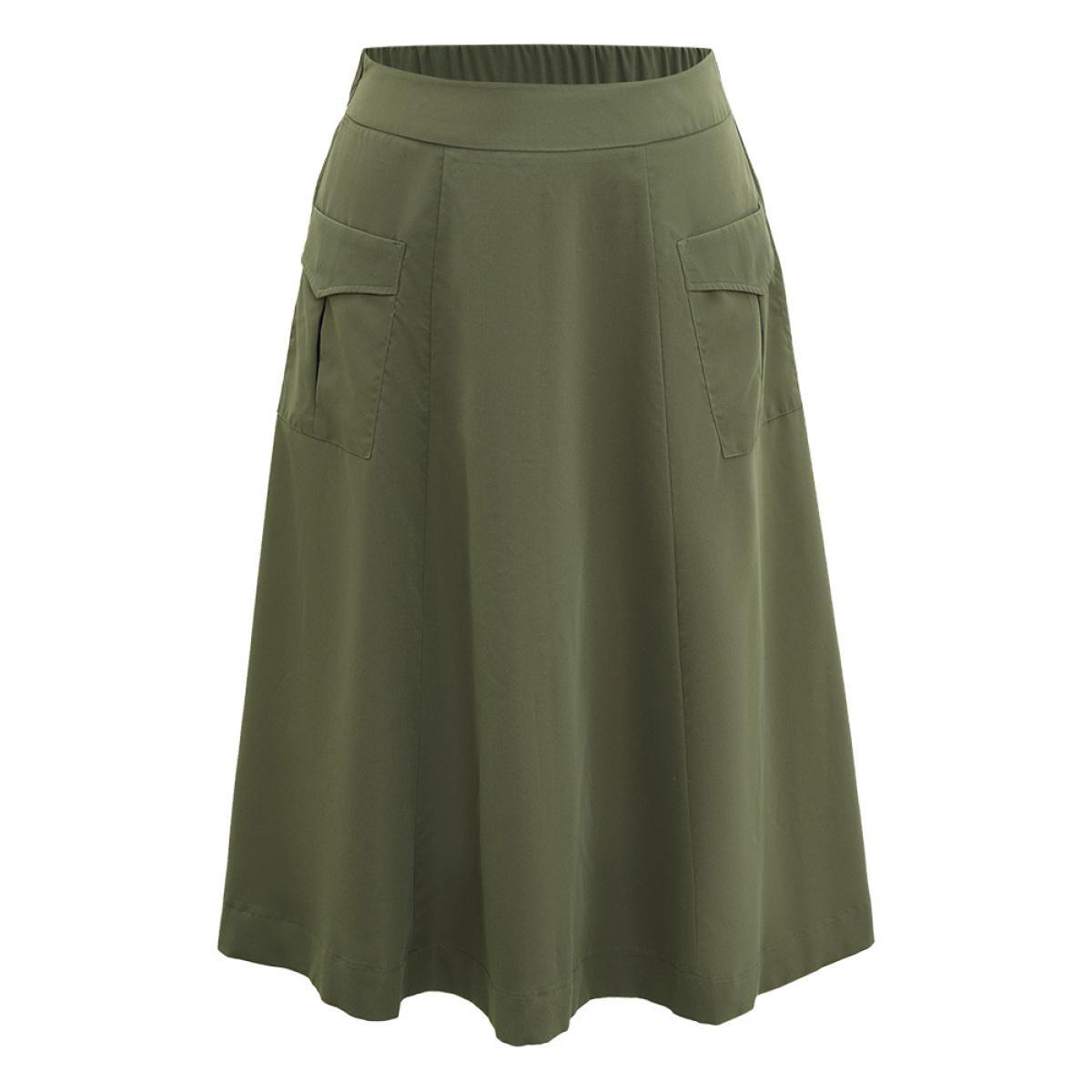 Plus Size Solid Pocket Wideband Waist Skirt Women ArmyGreen Casual Non Loose Low stretch Patch pocket Everyday Skirts BloomChic 22-24/3X Product Image