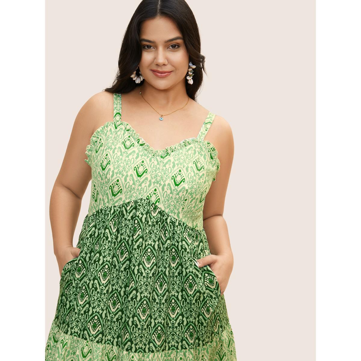 Plus Size Boho Print Frill Trim Ruffle Layered Hem Dress Moss Women Resort V-neck Sleeveless Curvy BloomChic 28/5X Product Image