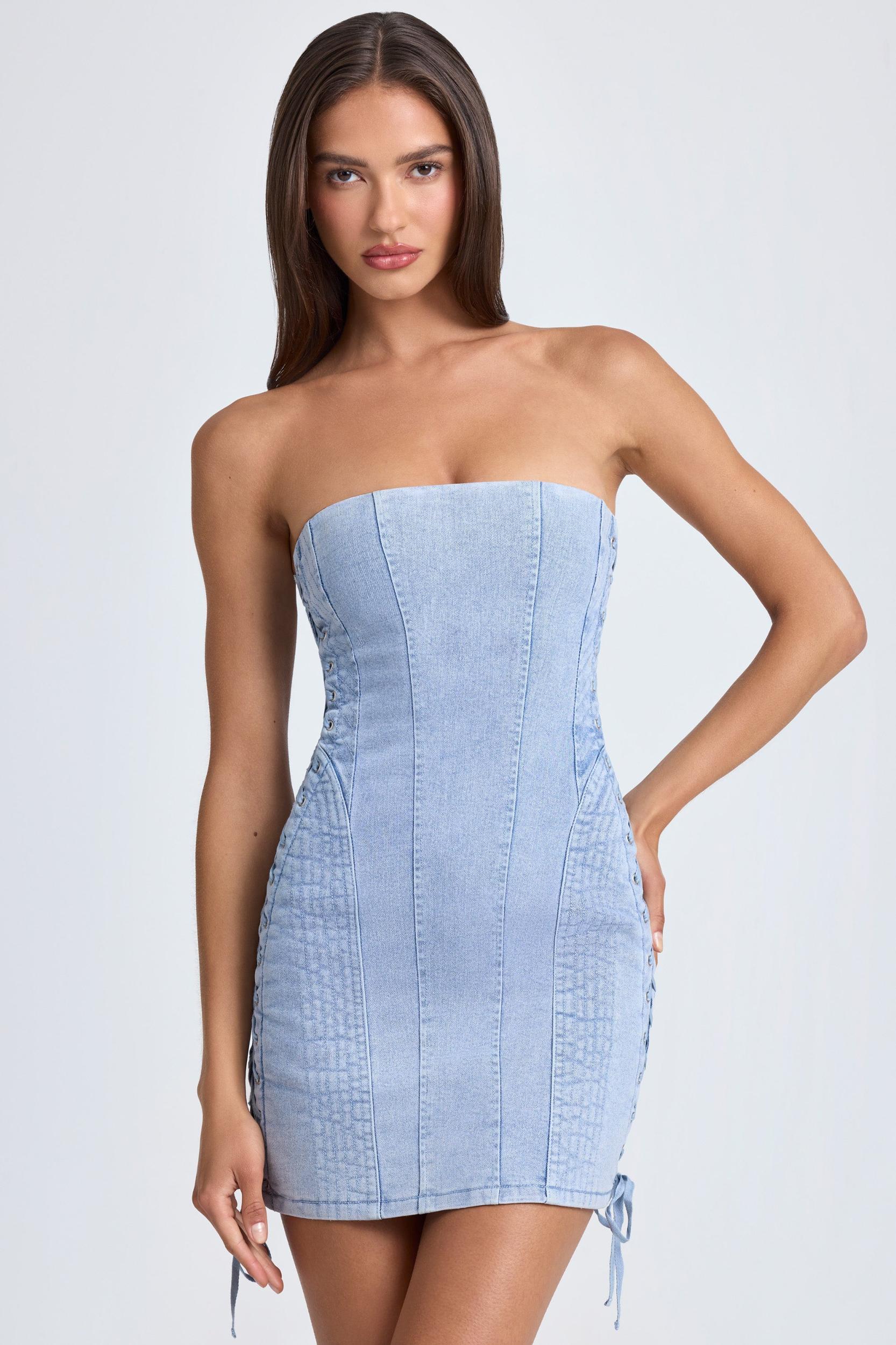 Bandeau Lace-Up Mini Dress in Light Blue Stonewash Product Image