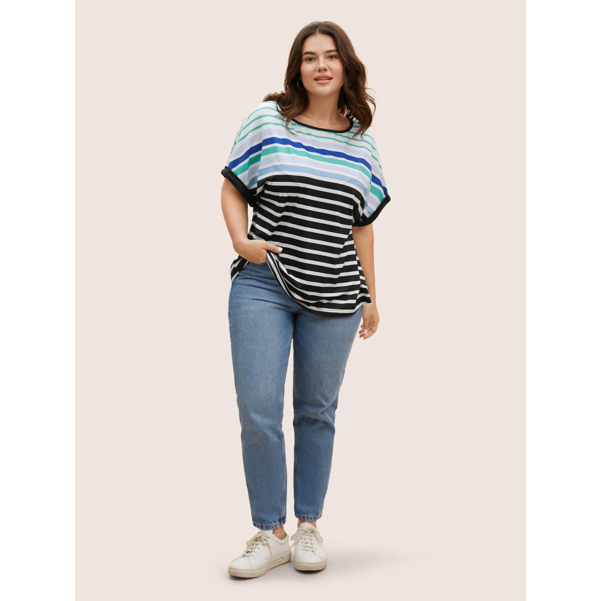 Plus Size Colored Striped Boat Neck Batwing Sleeve T-shirt Black Women Casual Contrast Boat Neck Everyday T-shirts BloomChic 12/L Product Image
