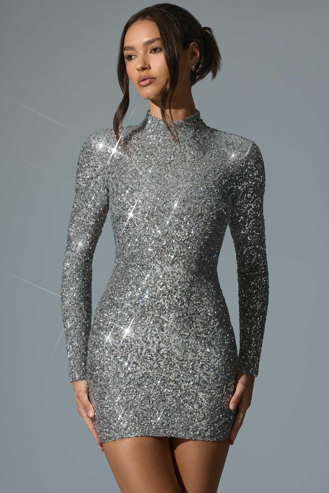 Embellished Open-Back Mini Dress in Silver Product Image