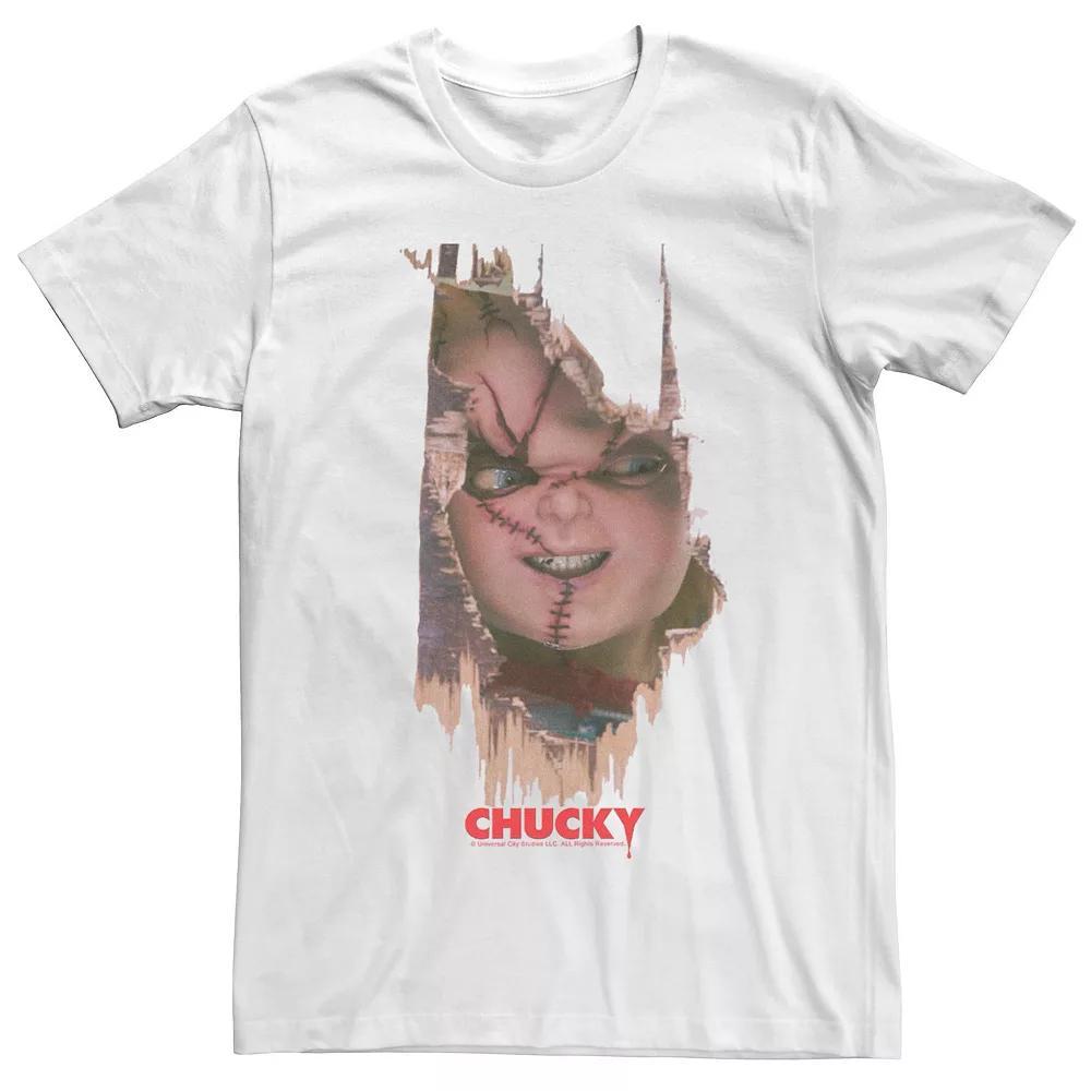 Men's Chucky It's Chucky Wood Door Breath Through Movie Poster Tee, Size: Small, White Product Image
