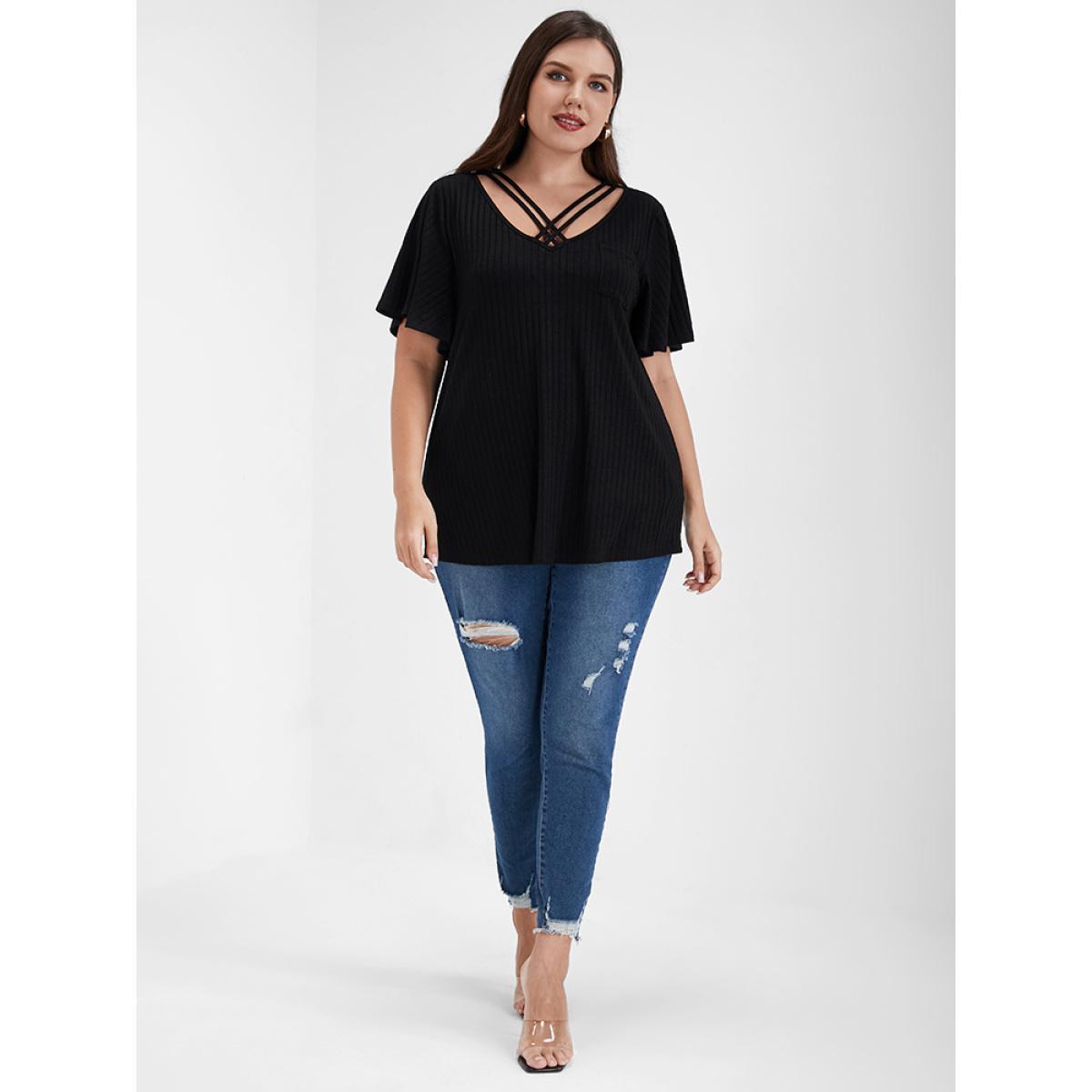 Plus Size Solid Pocket Ruffled Crisscross T-Shirt Black Women Elegant Pocket Plain V-neck Dailywear T-shirts BloomChic 30/6X Product Image