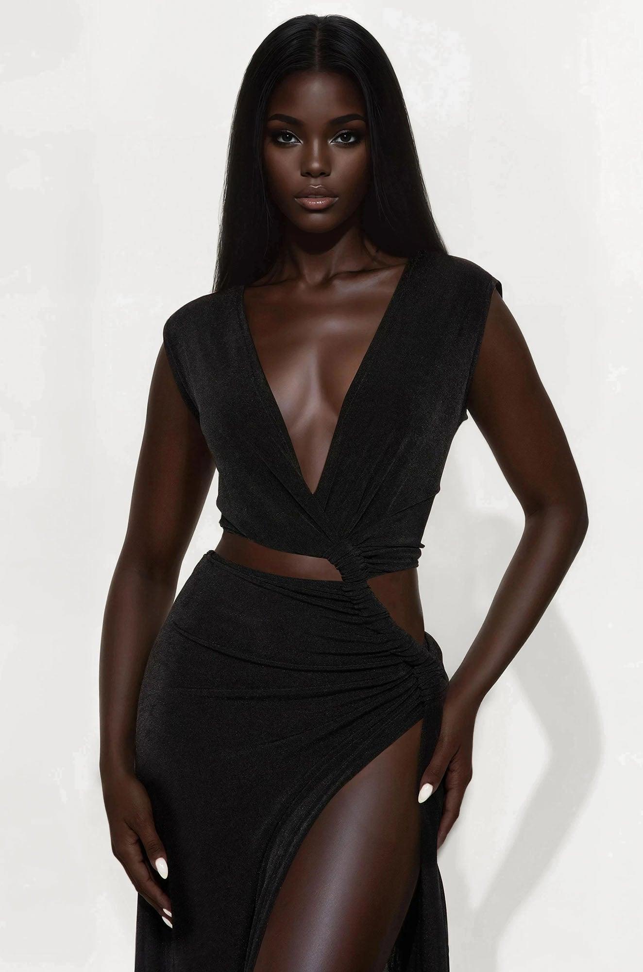 Hannah Slinky Ruched High Slit Maxi Dress - Black Female Product Image
