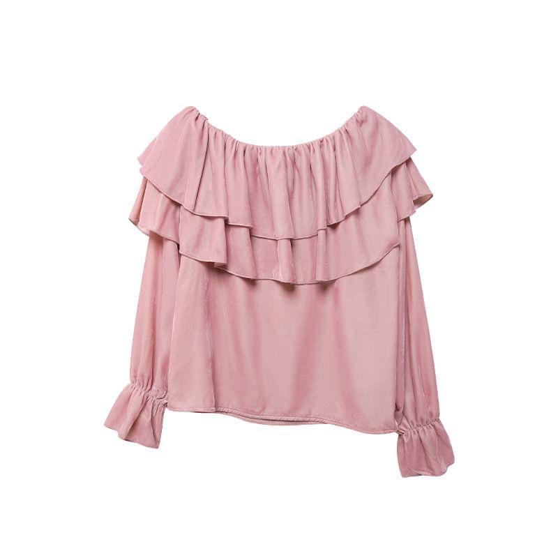 Long-Sleeve Off Shoulder Plain Ruffle Blouse Product Image