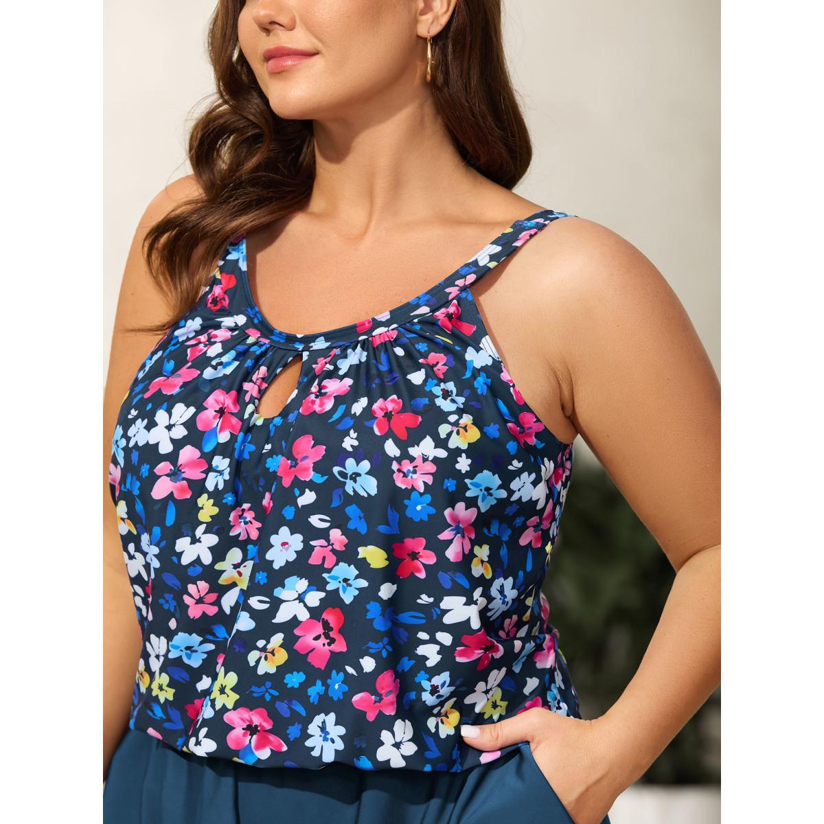 Plus Size Floral Print Keyhole Pockets Swim Romper Women's Swimwear DarkViolet Beach Curve Bathing Suits High stretch One Pieces BloomChic 18-20/2X Product Image
