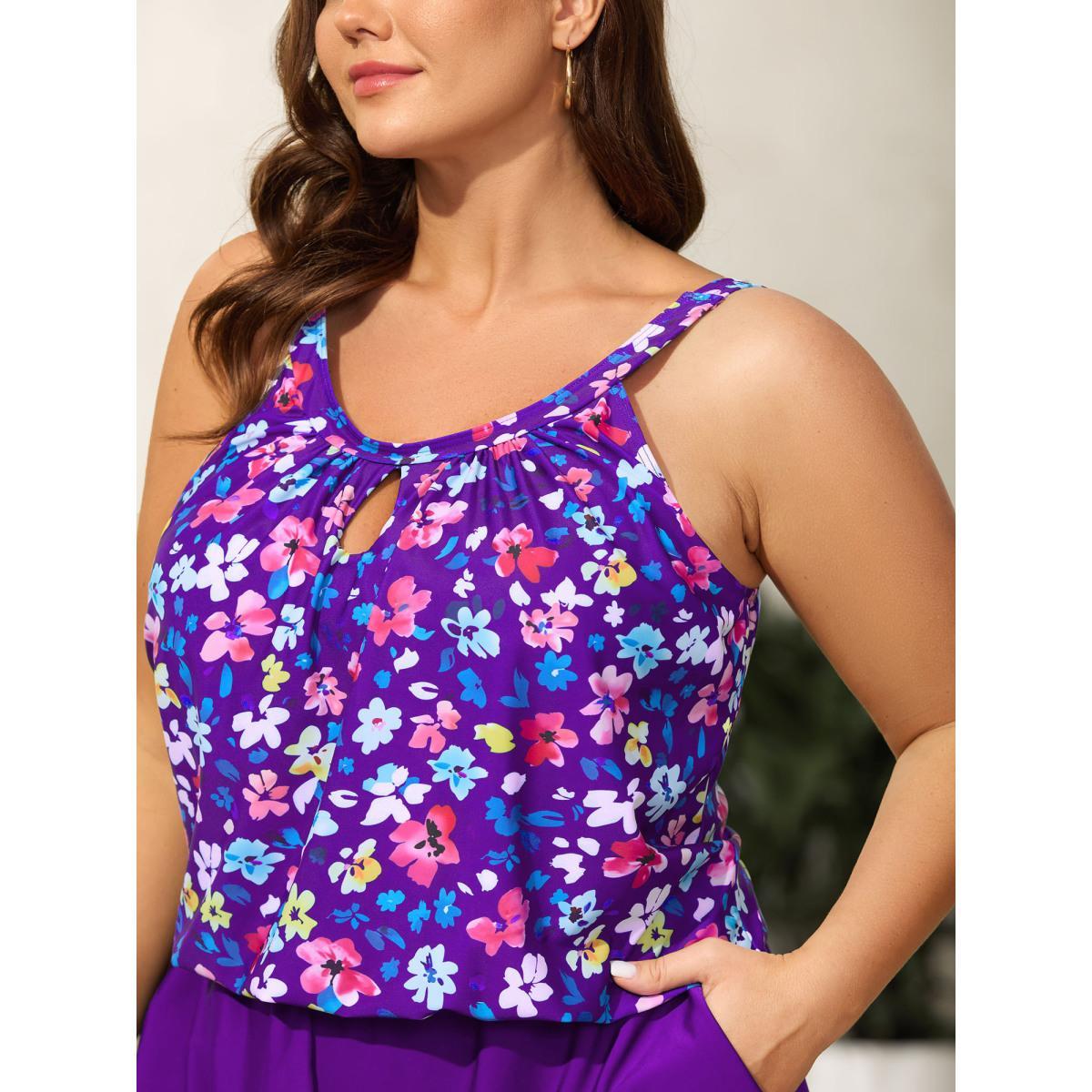Plus Size Floral Print Keyhole Pockets Swim Romper Women's Swimwear DarkViolet Beach Curve Bathing Suits High stretch One Pieces BloomChic 18-20/2X Product Image