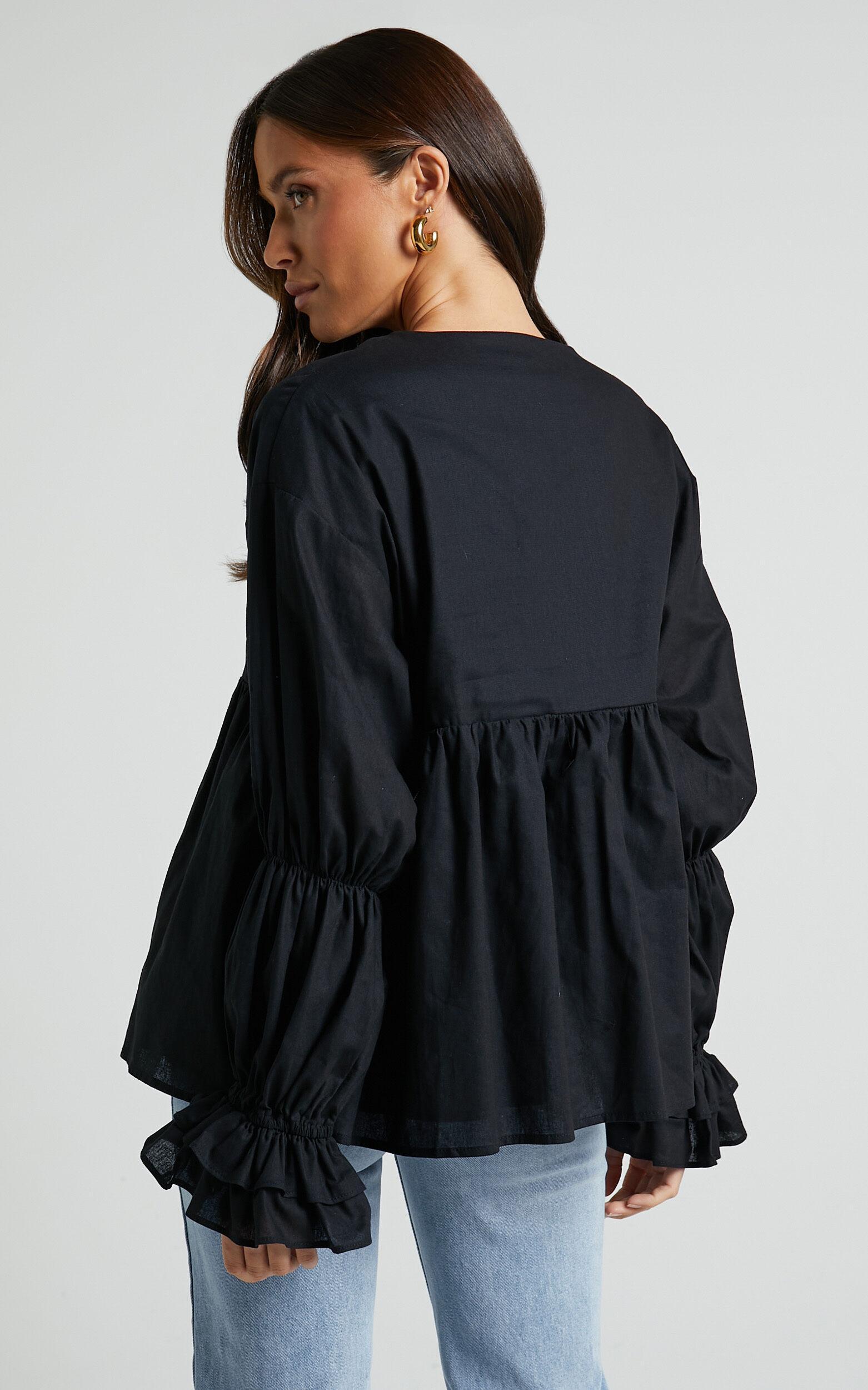 Arthur Top - Linen Look Long Sleeve V Neck Tiered Top in Black Product Image