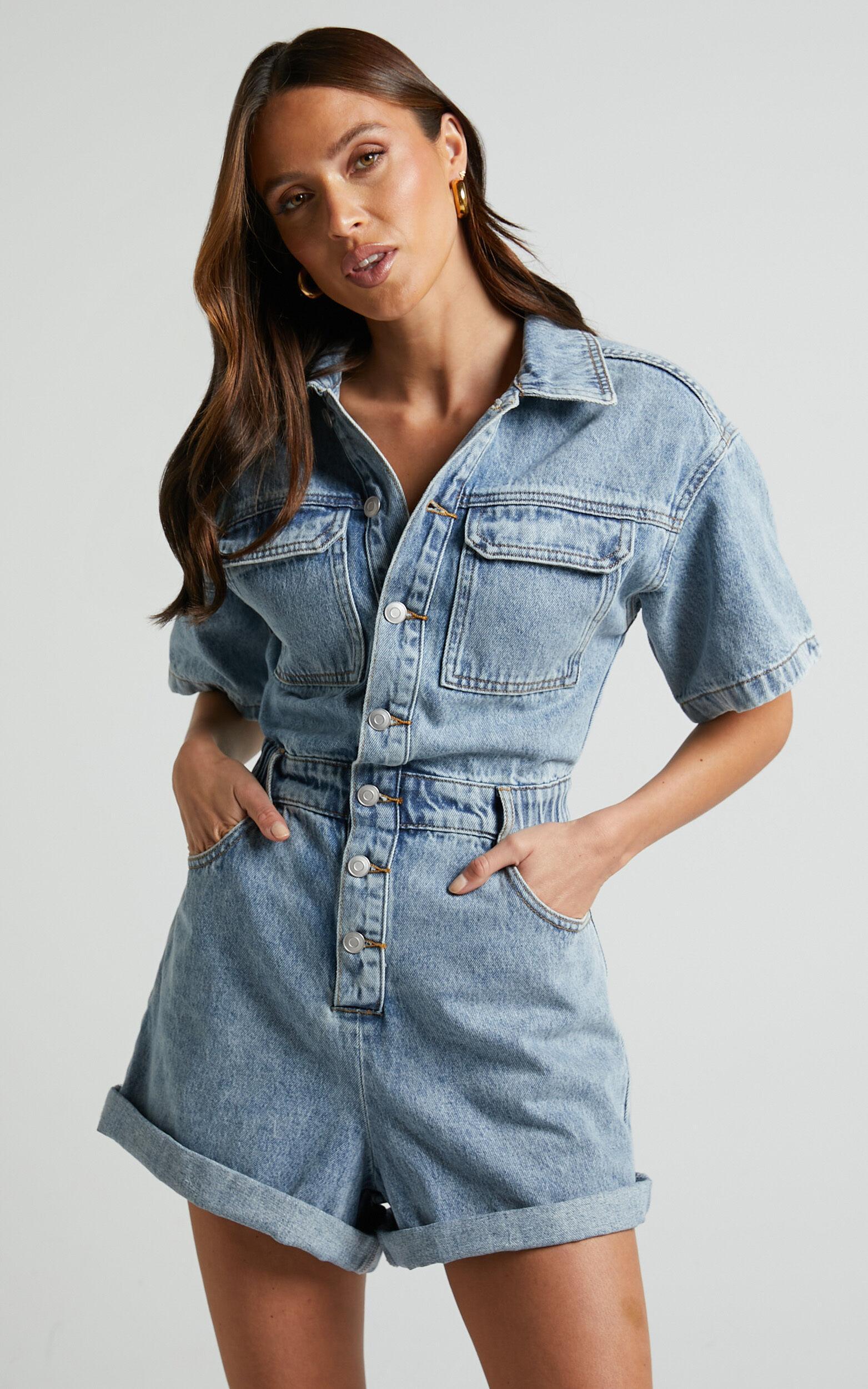 Leo Playsuit - Collared Short Sleeve Button Front Denim Playsuit in Mid Blue Acid Wash Product Image