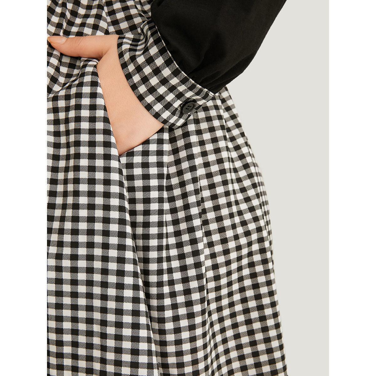 Plus Size Gingham Patchwork Pocket Shirt Collar Dress Black Women Office Patchwork Shirt collar Long Sleeve Curvy Midi Dress BloomChic 10/M Product Image