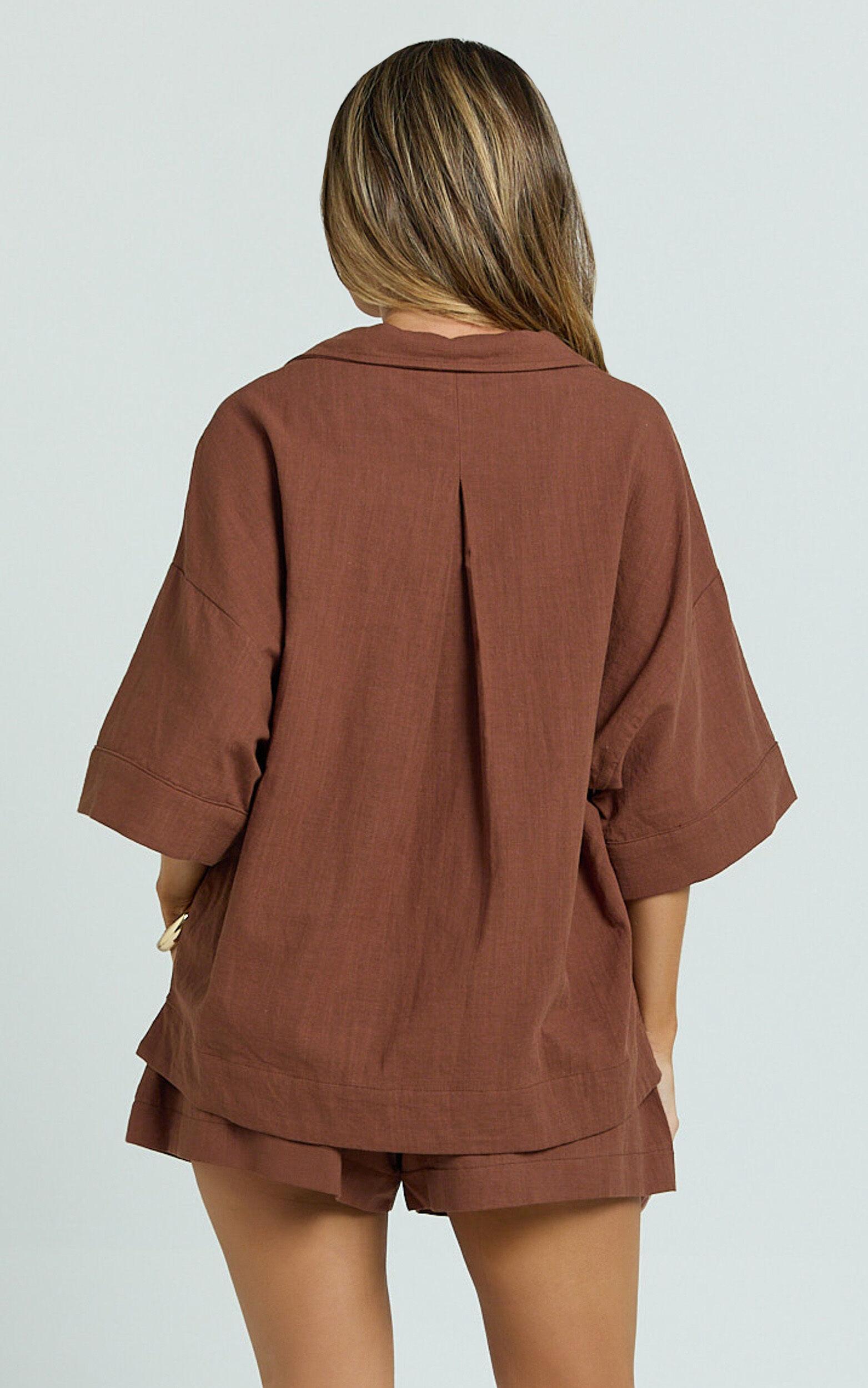 Saina Two Piece Set - Button Through Shirt and Drawstring Shorts Set in Chocolate Product Image