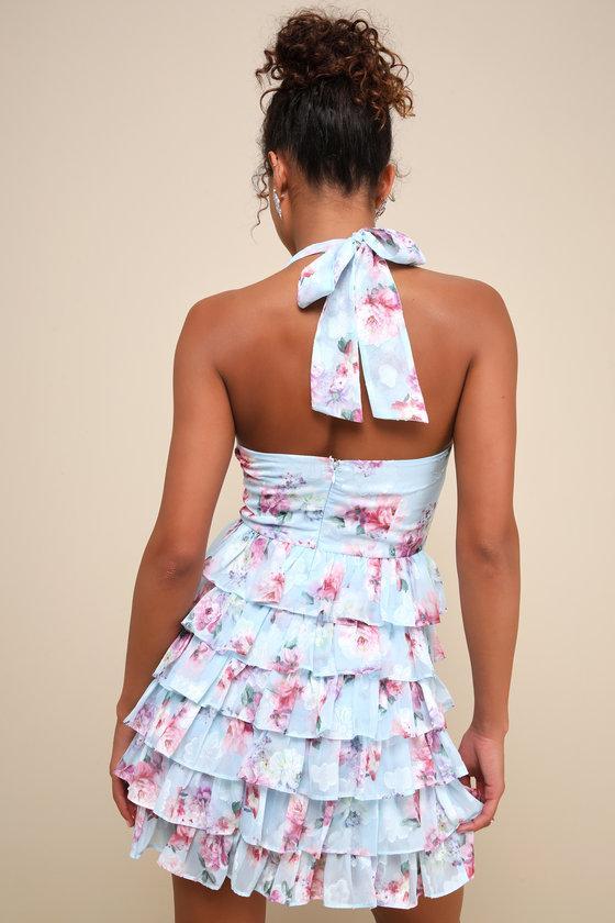 Trending Adorable Light Blue Floral Tiered Halter Mini Dress Product Image