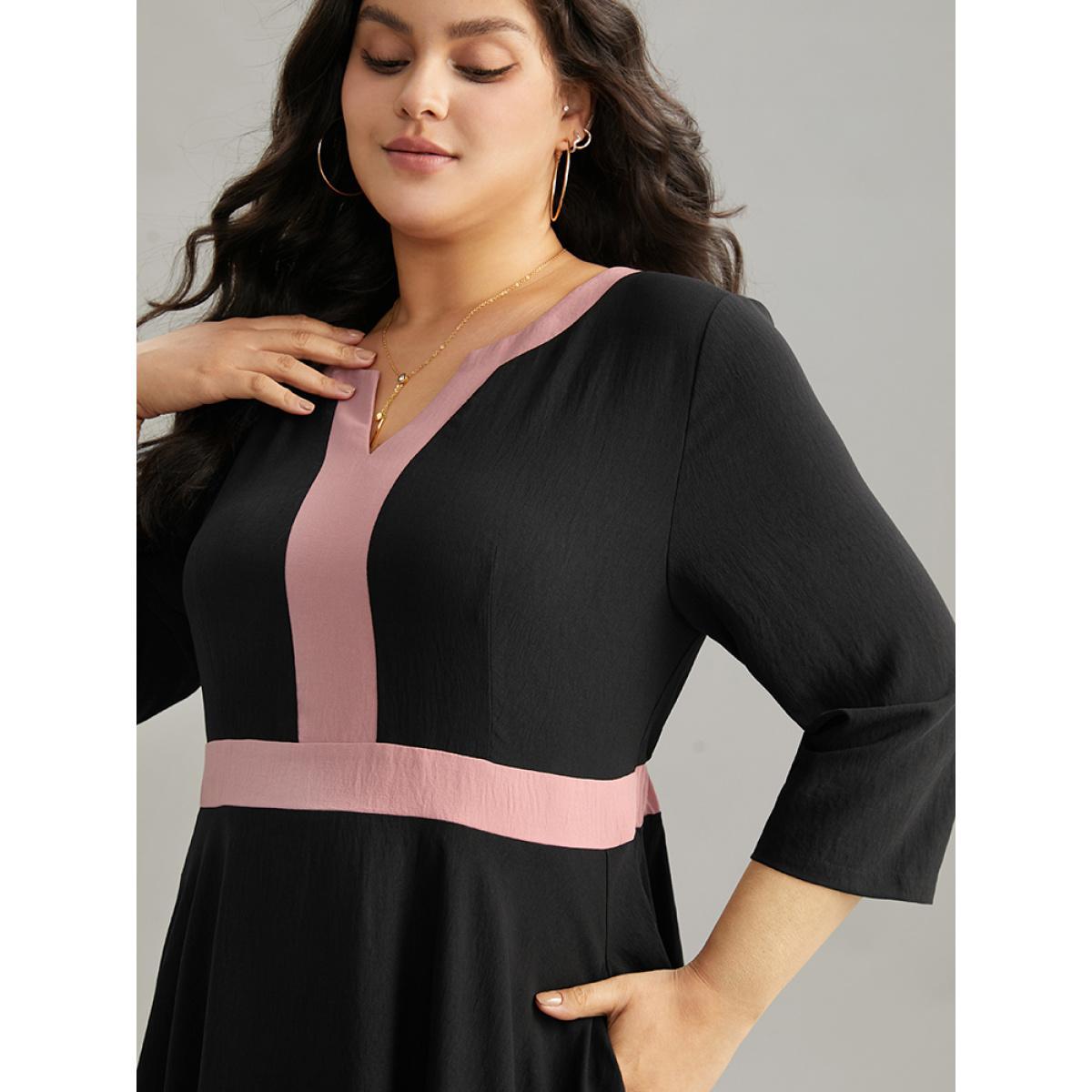 Plus Size Colorblock Contrast Notched Elastic Waist Dress Black Women Casual Contrast Notched collar Elbow-length sleeve Curvy Midi Dress BloomChic 12/L Product Image