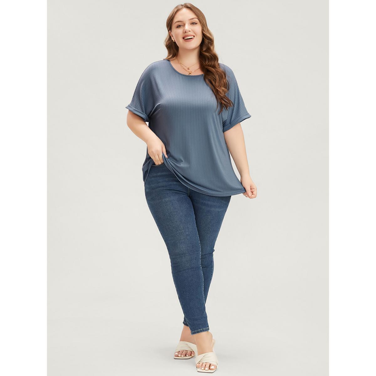 Plus Size Plain Round Neck Rib Knit Tee LightBlue Women Casual Plain Round Neck Dailywear T-shirts BloomChic 14-16/1X Product Image