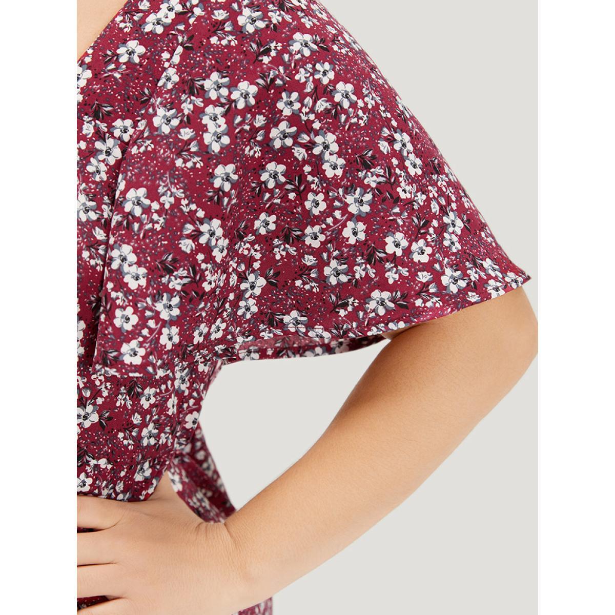 Plus Size Ditsy Floral Pocket Drawstring Ruched Flutter Sleeve Dress Scarlet Women Elegant Printed Square Neck Short sleeve Curvy Midi Dress BloomChic 10/M Product Image