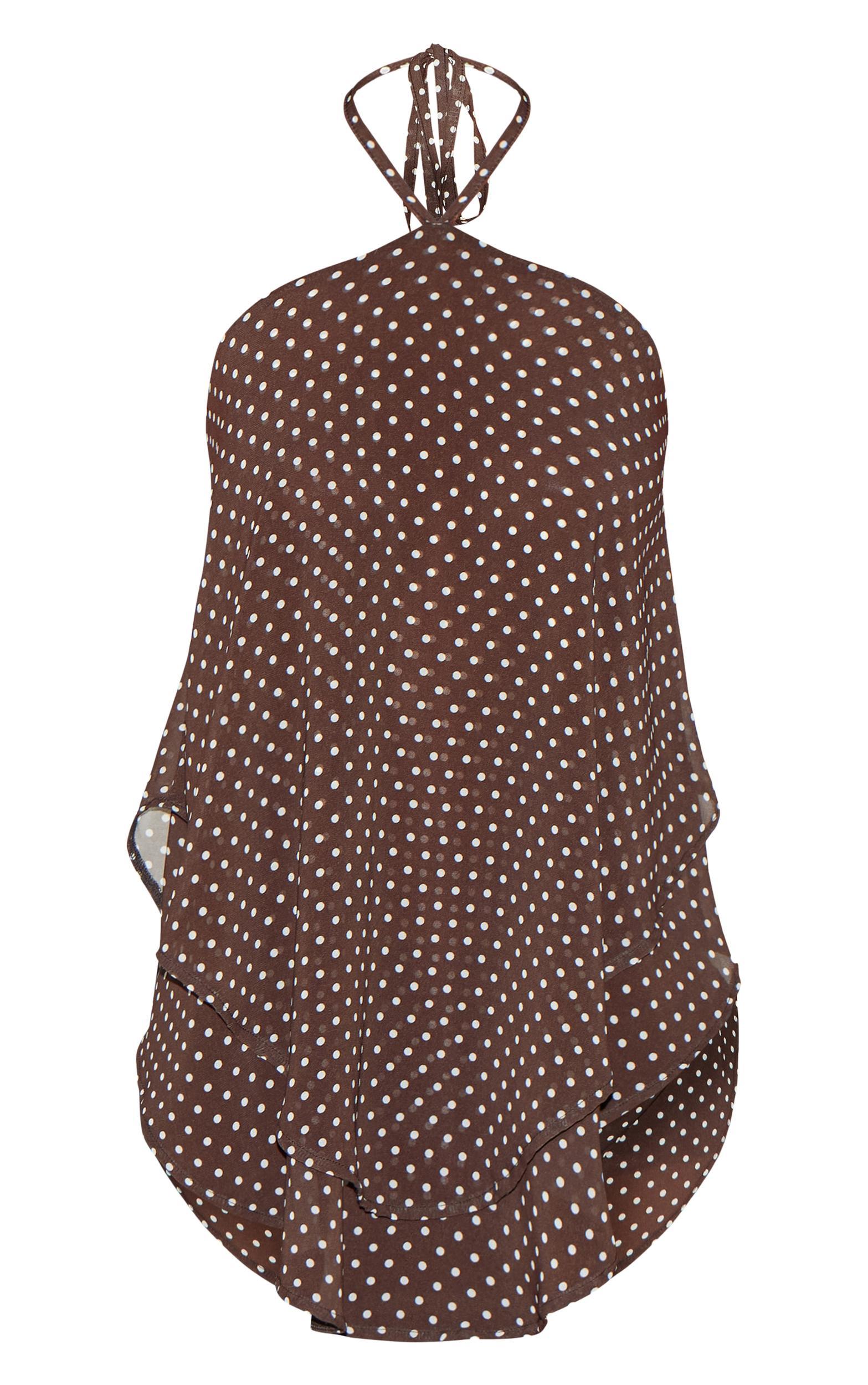 Brown Polka Dot Floaty Chiffon Halterneck Long Top Product Image