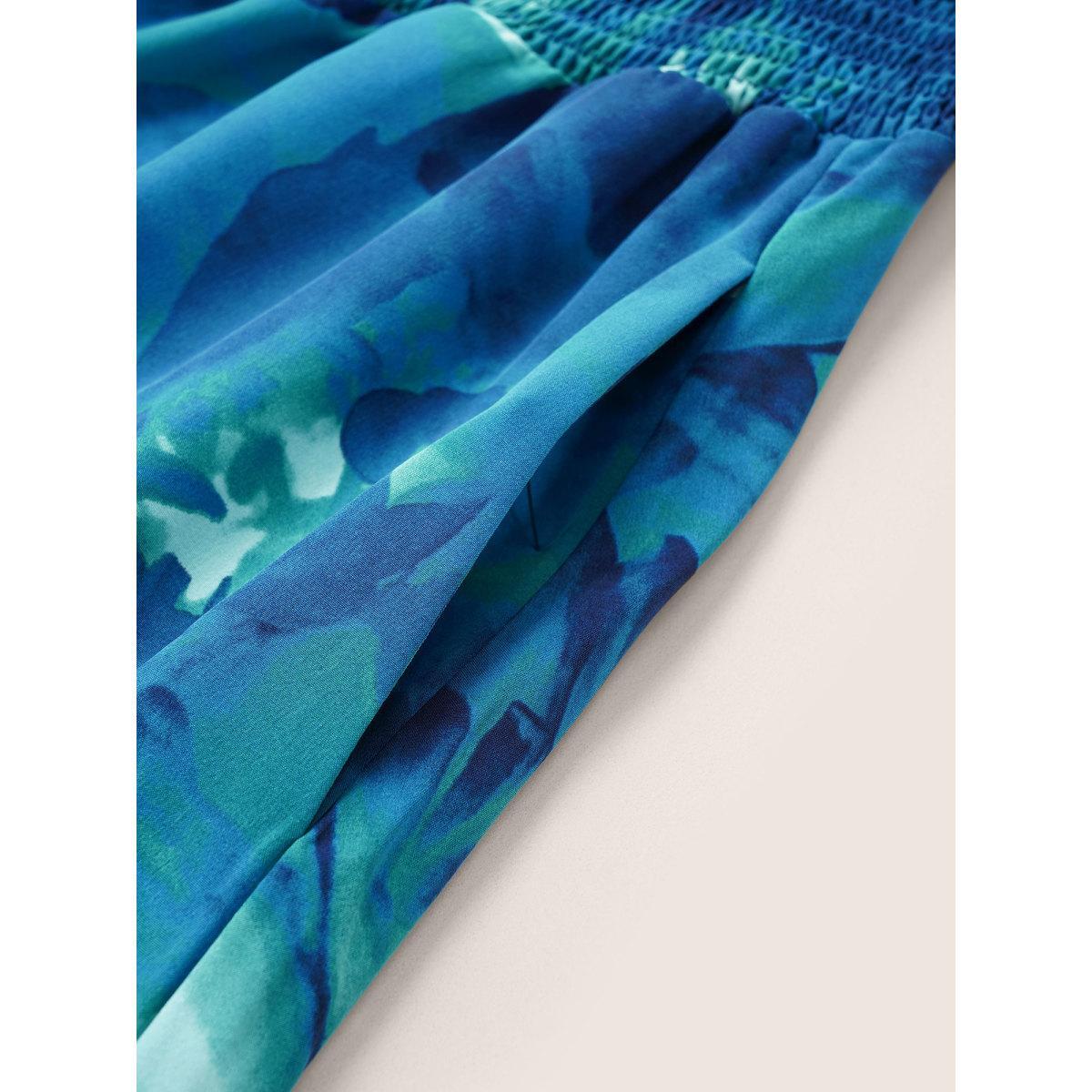 Plus Size Square Neck Floral Shirred Ruffle Sleeve Dress Blue Women Elegant Non Square Neck Short sleeve Curvy Midi Dress BloomChic 22-24/3X Product Image