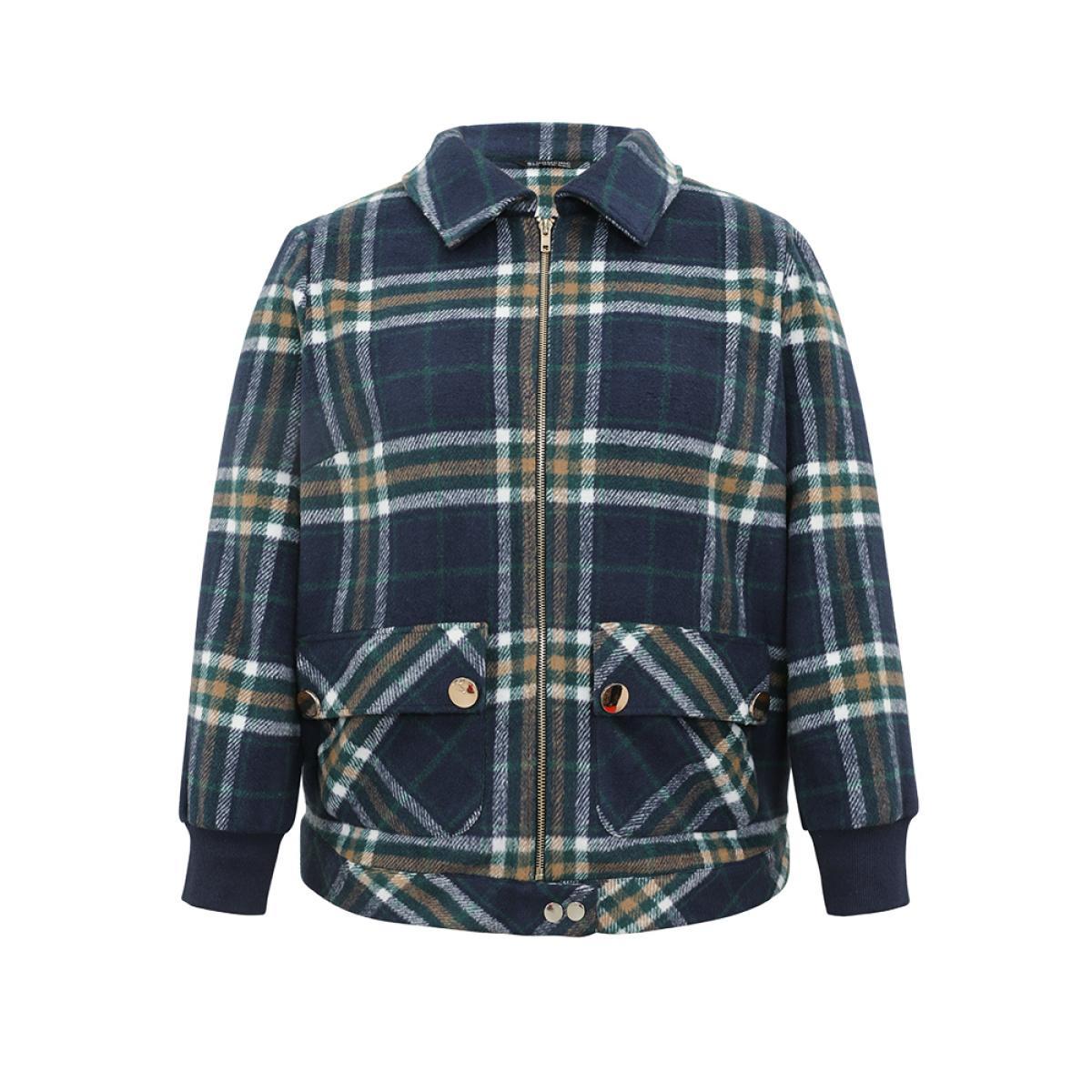 Plus Size Plaid Button Detail Pocket Zipper Jacket Women Multicolor Zipper Pocket Dailywear Jackets BloomChic 14-16/1X Product Image
