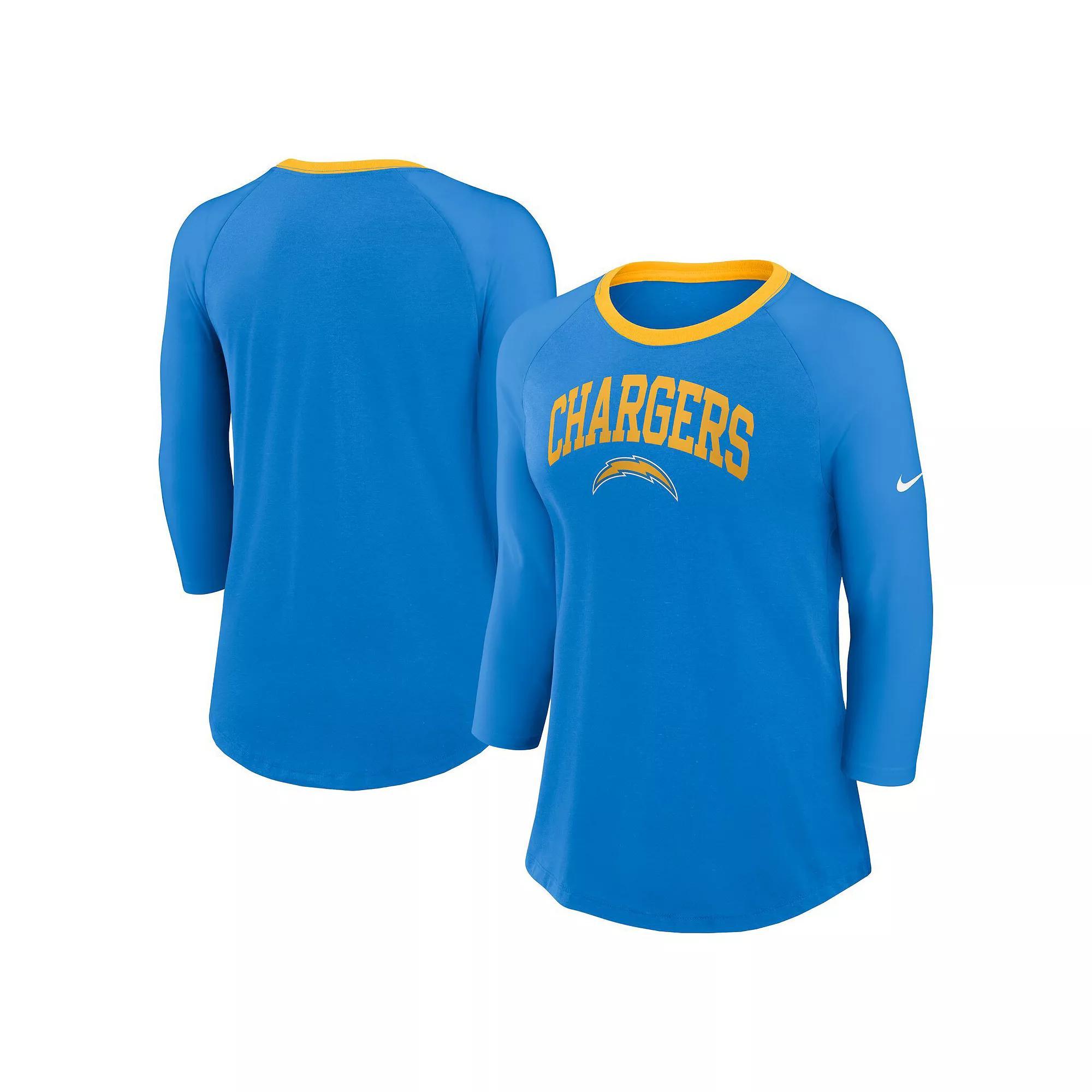 Women's Nike Powder Blue Los Angeles Chargers Raglan 3/4 Sleeve T-Shirt, Size: Small, Light Product Image