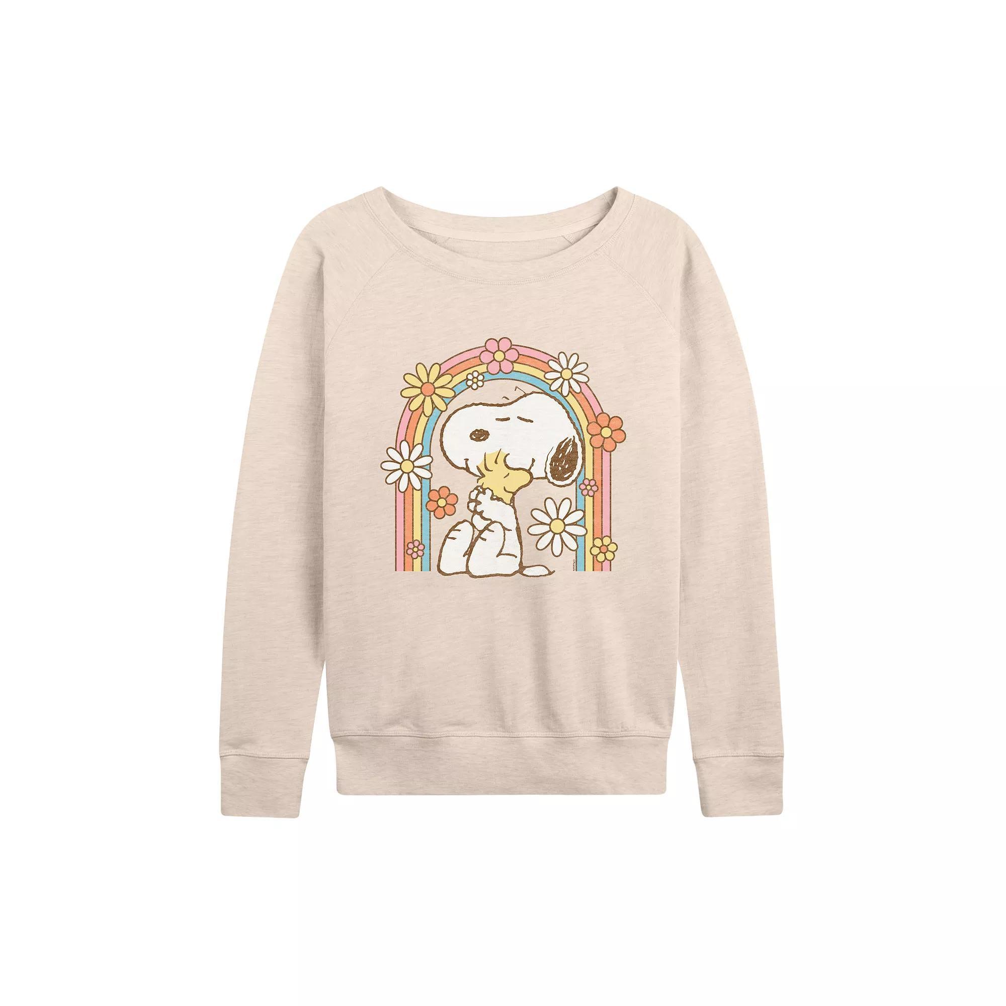 Womens Peanuts Snoopy and Woodstock Flower Rainbow French Terry Long Sleeve Tee, Girls Product Image