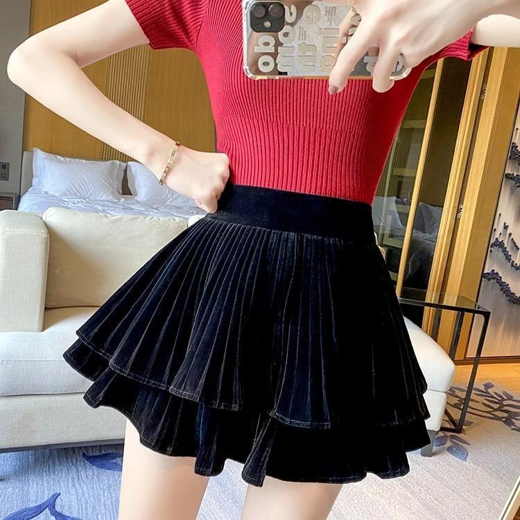 High Waist Plain Mini Tiered A-Line Skirt Product Image