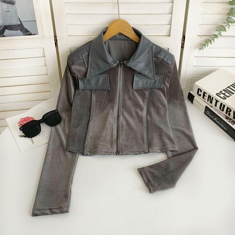 Collared Faux Leather Panel Zip-Up Velvet Crop Jacket Product Image