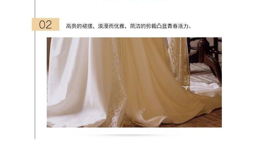 Short-Sleeve Off Shoulder Plain Ruched Panel Lace A-Line Wedding Gown Product Image