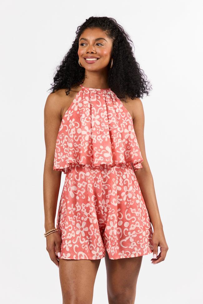 Spotlight Moment Coral Print Halter Neck Romper FINAL SALE Product Image