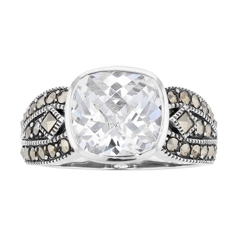 Lavish by TJM Sterling Silver Cushion White Cubic Zirconia & Marcasite Ring, Women's, Size: 9 Product Image