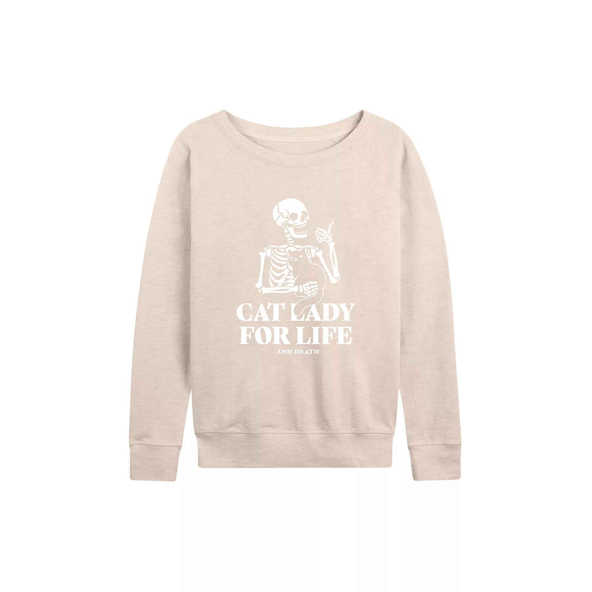 Womens Cat Lady For Life Skeleton French Terry Long Sleeve Tee Grey Blue Product Image
