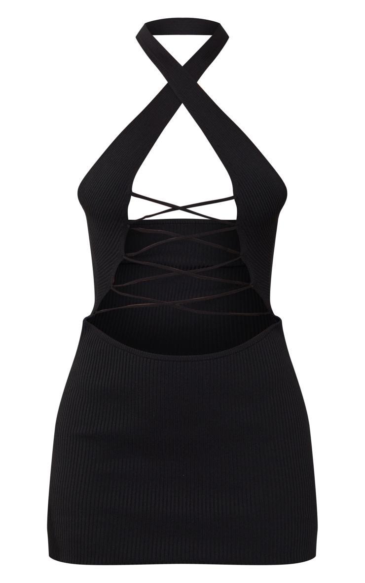 Black Rib Knit Halterneck Lace Front Dress Product Image