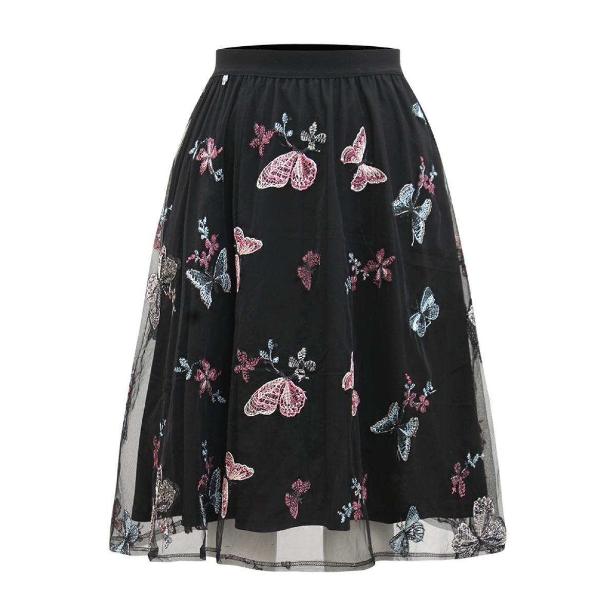 Plus Size Butterfly Embroidered Mesh Elastic Waist Skirt Women Black Party Lace No stretch Pocket Going out Skirts BloomChic 10/M Product Image