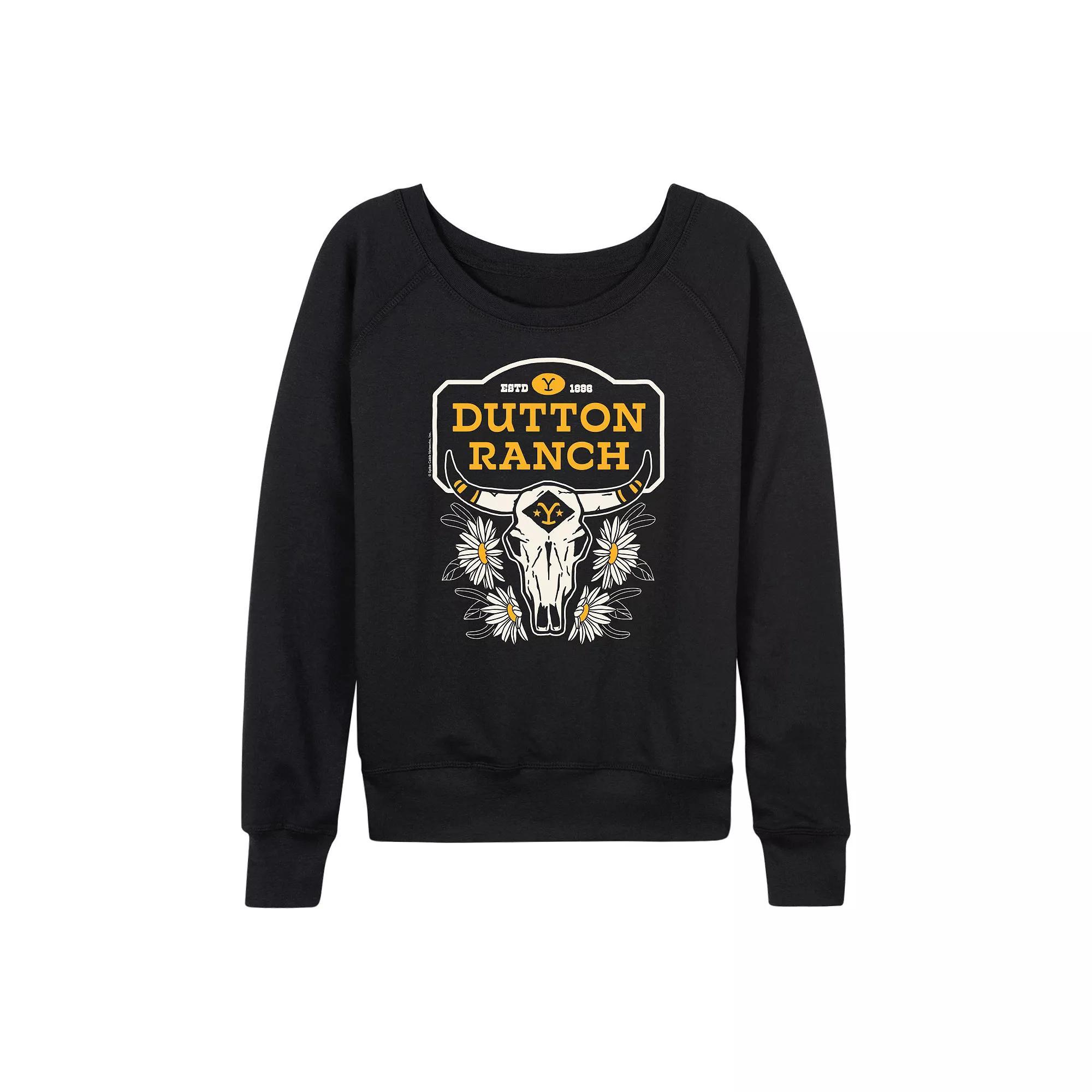 Womens Yellowstone Dutton Ranch Skull French Terry Long Sleeve Tee Heather Grey Product Image