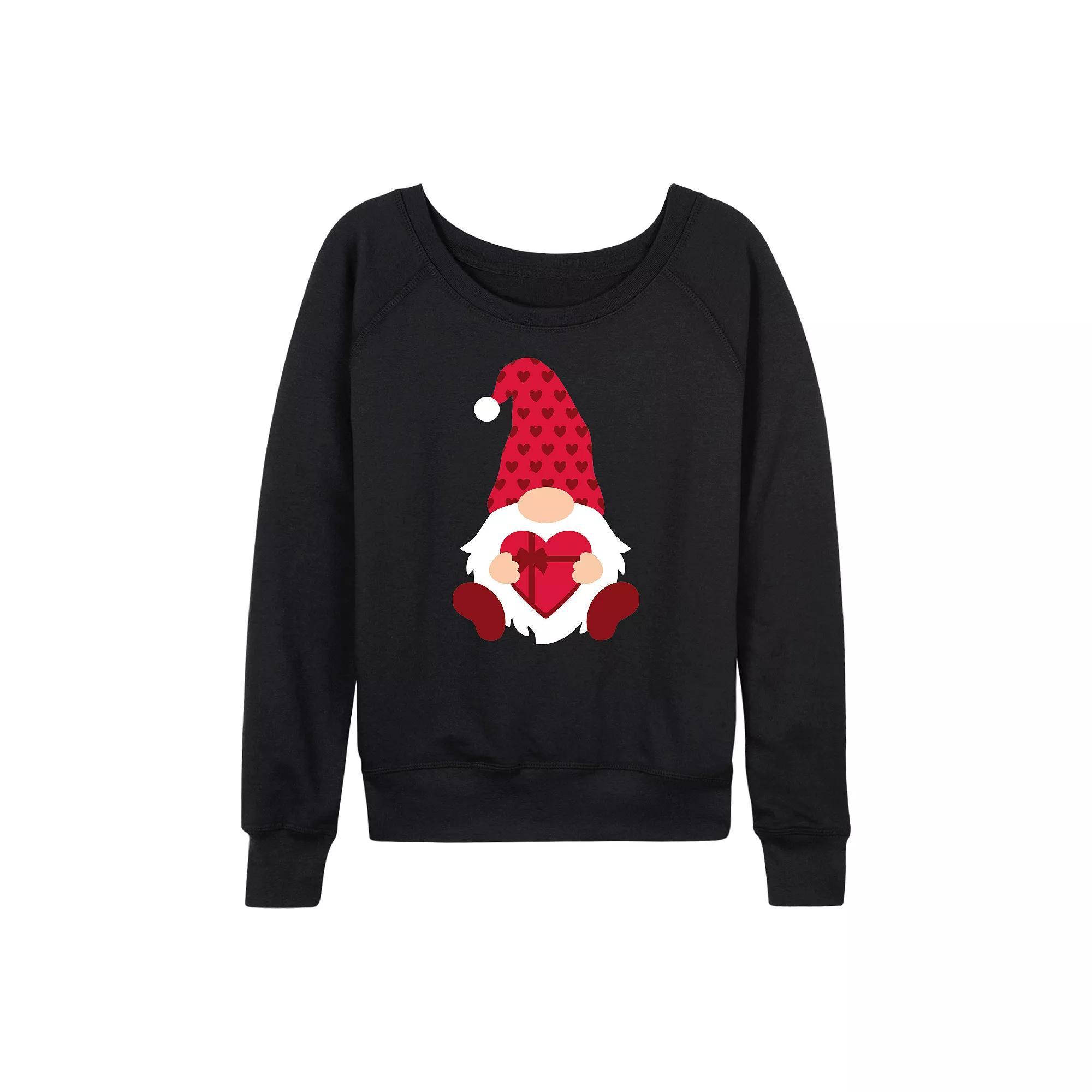 Women's Chocolate Heart Box Gnome French Terry Long Sleeve Tee, Size: XL, Black Product Image