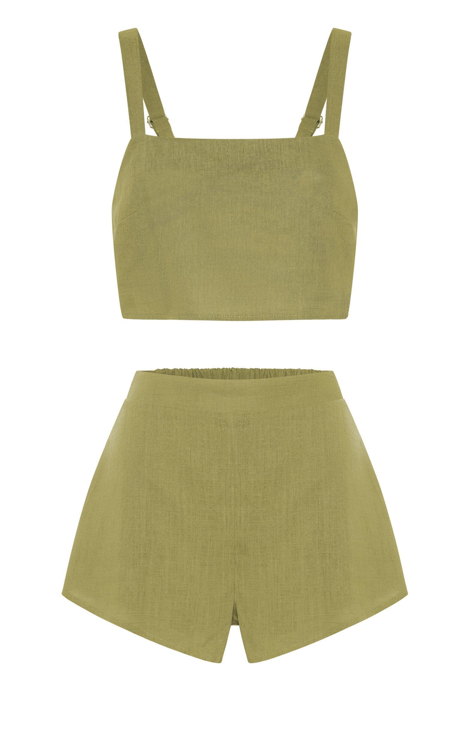 Zanrie Two Piece Set - Linen Look Square Neck Crop Top and High Waist Mini Flare Shorts Set in Celery Product Image