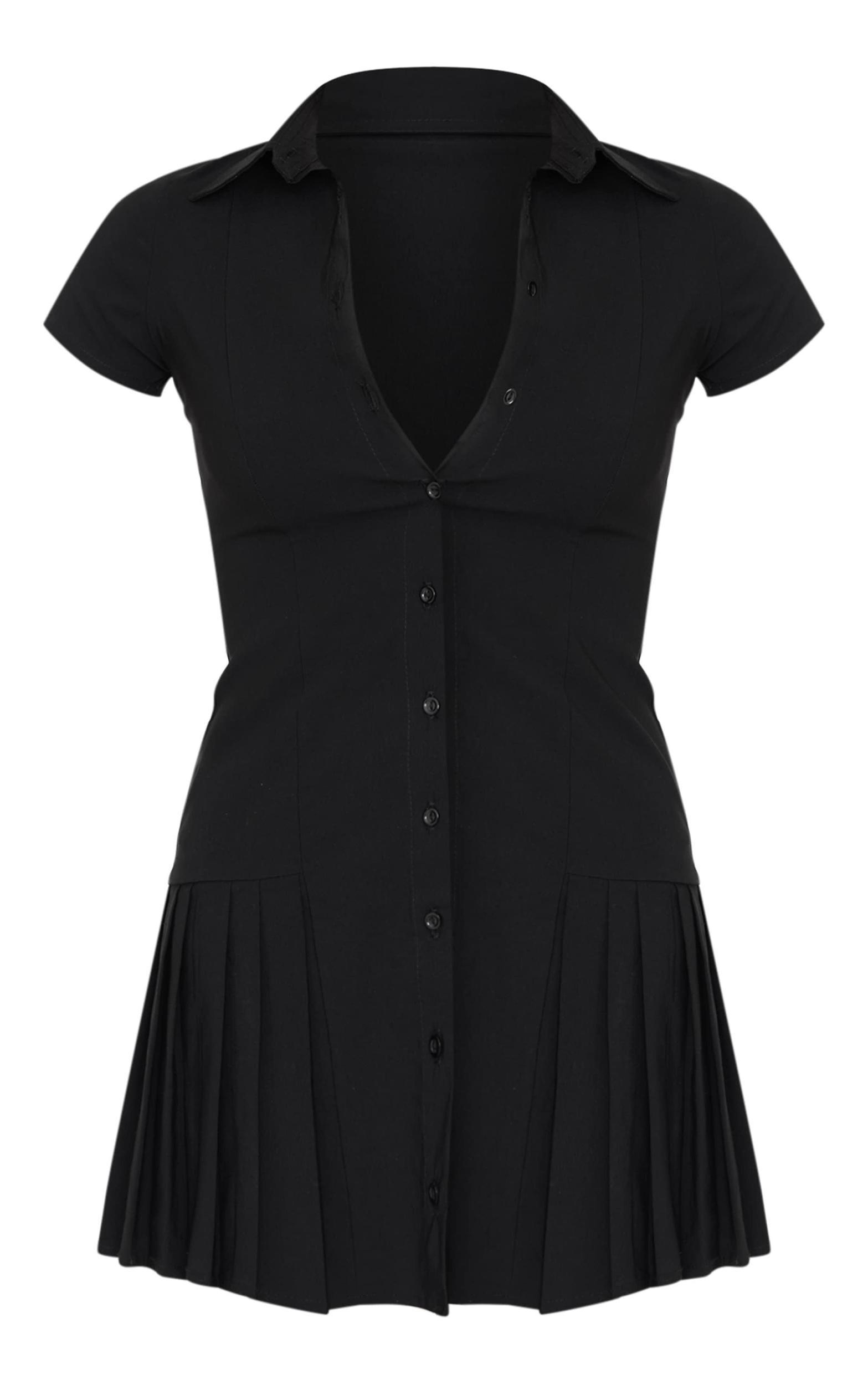 Black Button Down Cap Sleeve Pleated Hem Shift Dress Product Image