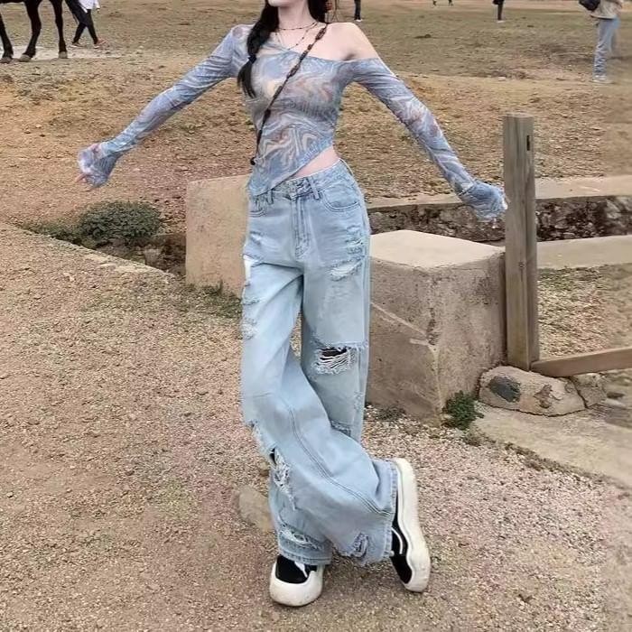 Long-Sleeve Off Shoulder Mesh Crop Top Product Image