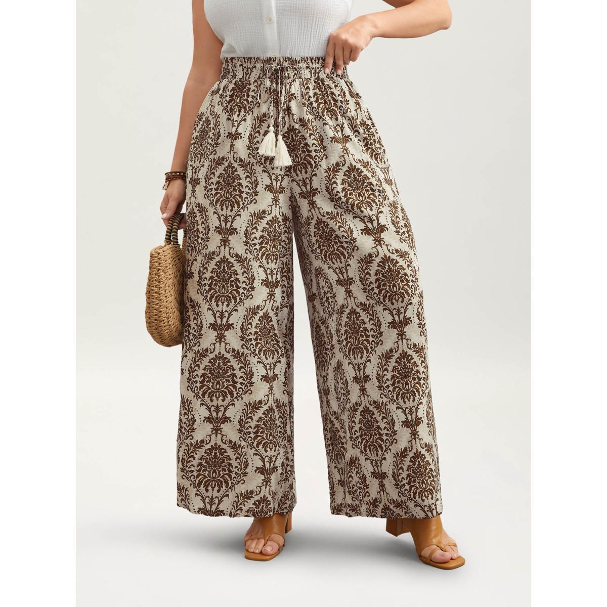 Plus Size Damask Print Tassel Straight-Leg Pants Women DarkBlue Resort Wide Leg Mid Rise Vacation Pants BloomChic 12/L Product Image