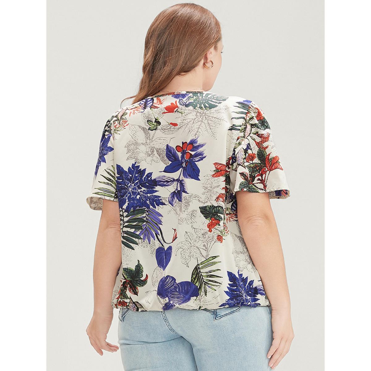 Plus Size Beige Plant & Floral Ruffle Sleeve Surplice Neck Blouse Women Vacation Short sleeve V-neck Dailywear Blouses BloomChic 14-16/1X Product Image