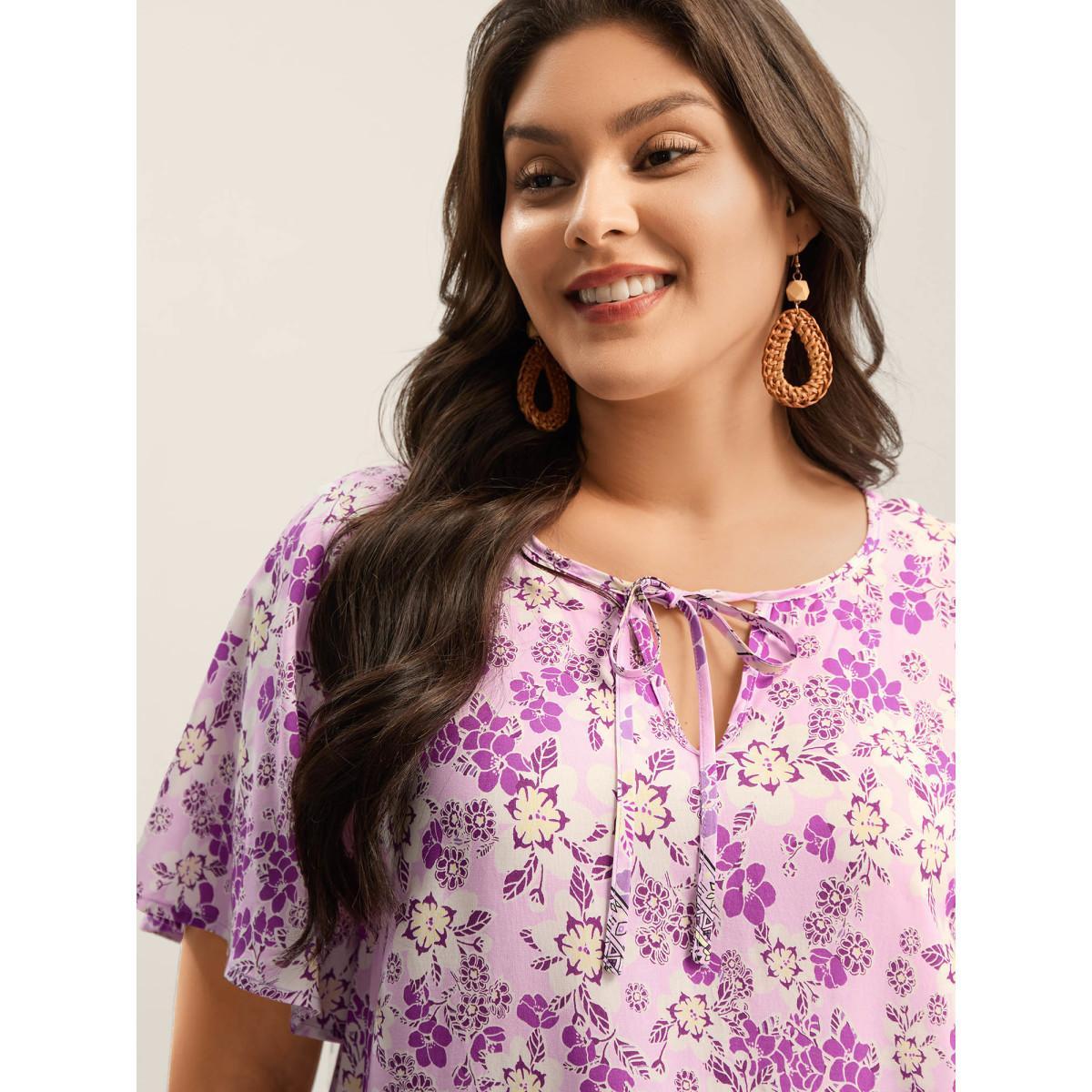 Plus Size Lilac Floral Print Neck Tie Flowy Blouse Women Short sleeve Notched collar Vacation Blouses BloomChic 22-24/3X Product Image